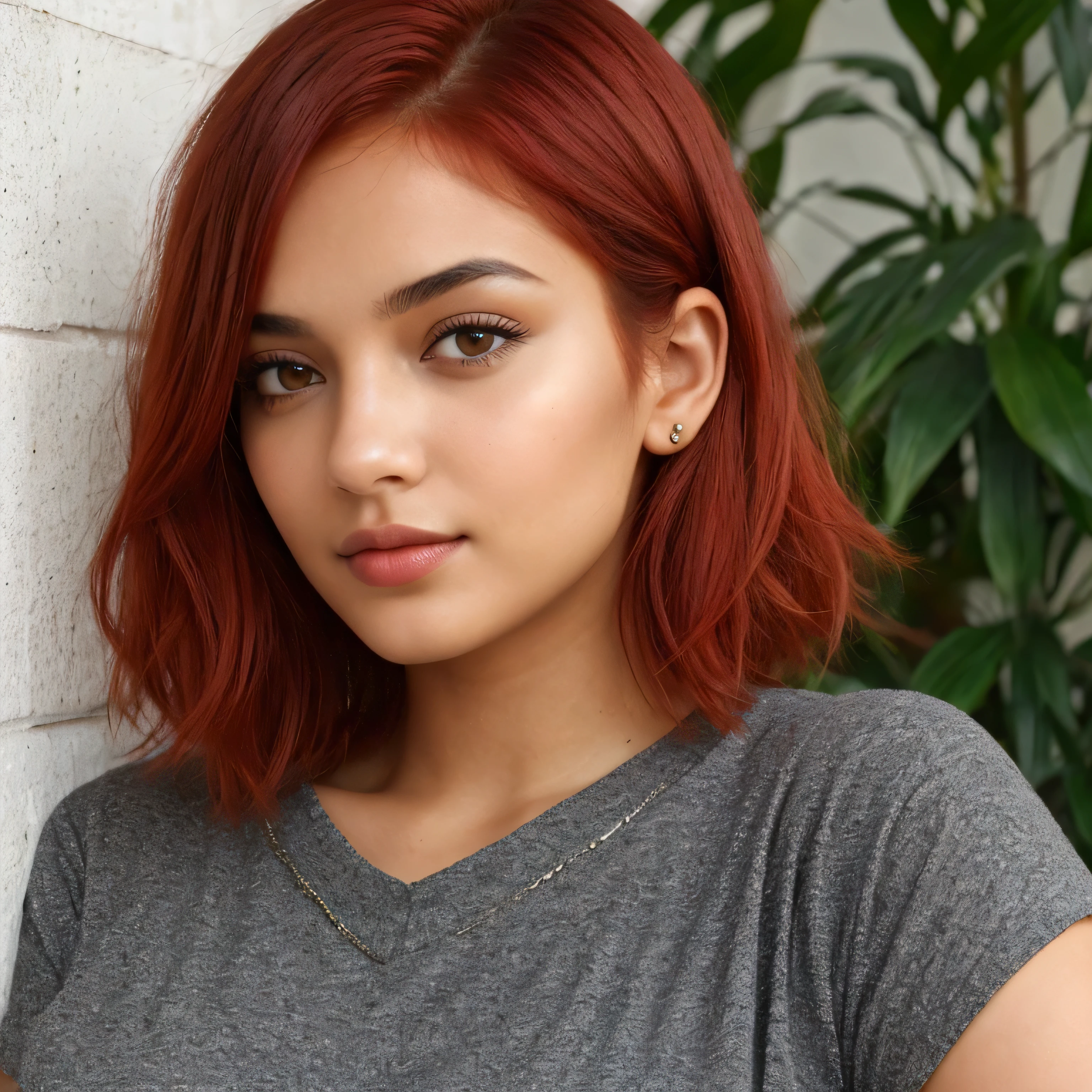 photo of young girl 20 years old beautiful, layered bob red hair, realistic skin texture, European and Indian mixed race, highly detailed