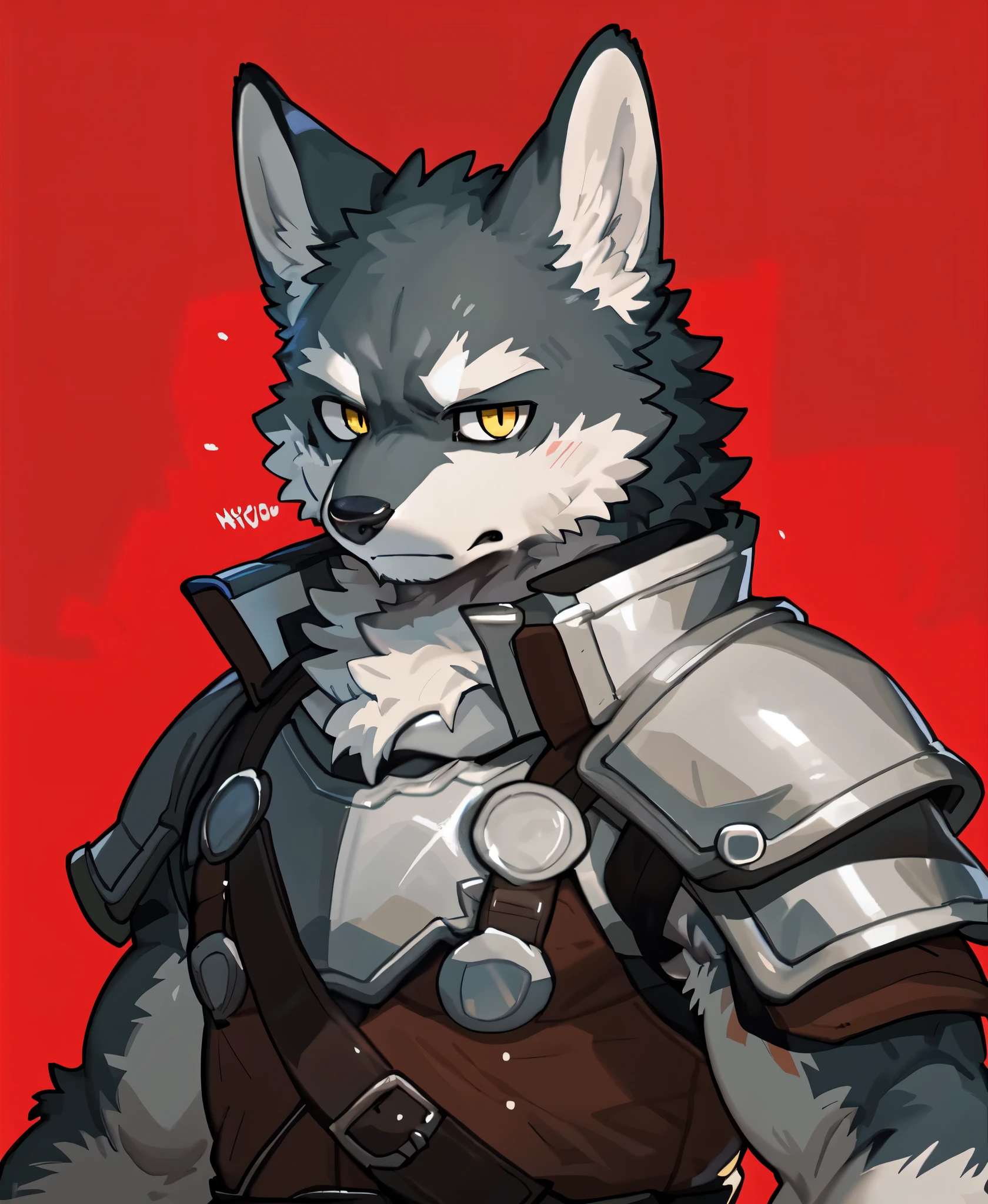 by pgm300,by fuguri,by kiyosan,by milkytiger1145,
furry,kemono,anthro,
bust portrait, 
(red background:1.25),black background,
abstract background,
male,solo,
wolf,wolf ears,wolf tail,
grey fur,yellow eyes,
looking at viewer, light frown, 
armor,plate armor,