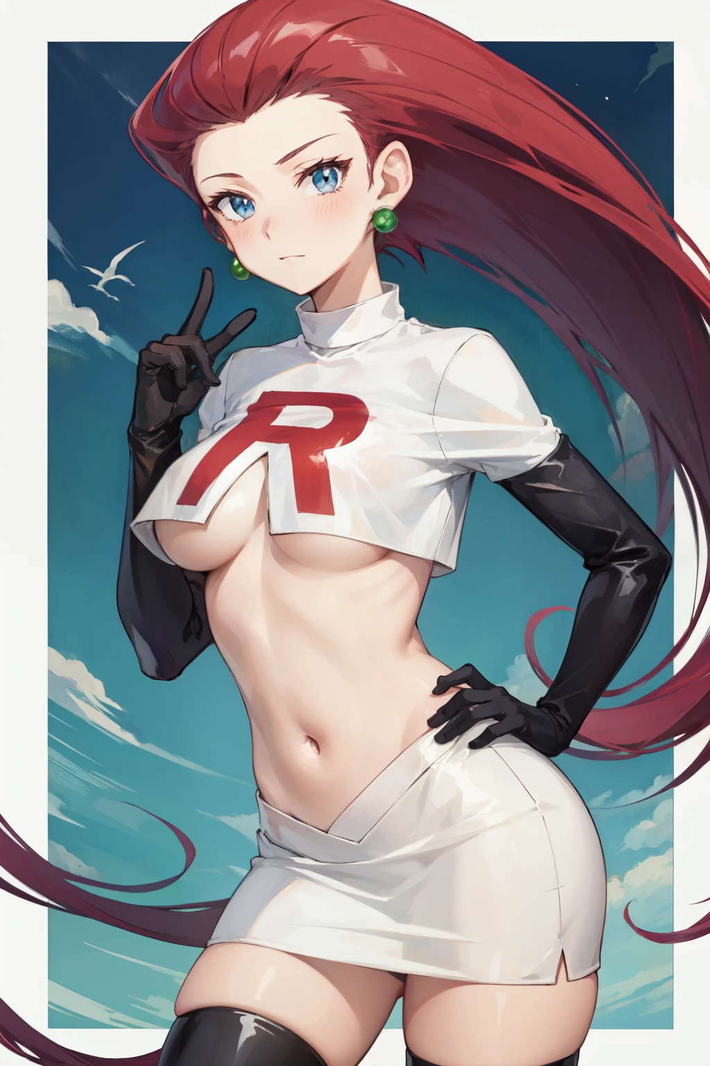 jessie pokemon, 1girl, breasts, ((topless white crop top)), hair slicked back, jewelry, blue eyes, navel, long hair, skirt, team rocket, earrings, red hair, gloves, thighhighs, large breasts, midriff, white skirt, elbow gloves, black gloves, blush, team rocket uniform, looking at viewer, hand on hip, very long hair, ((underboob))