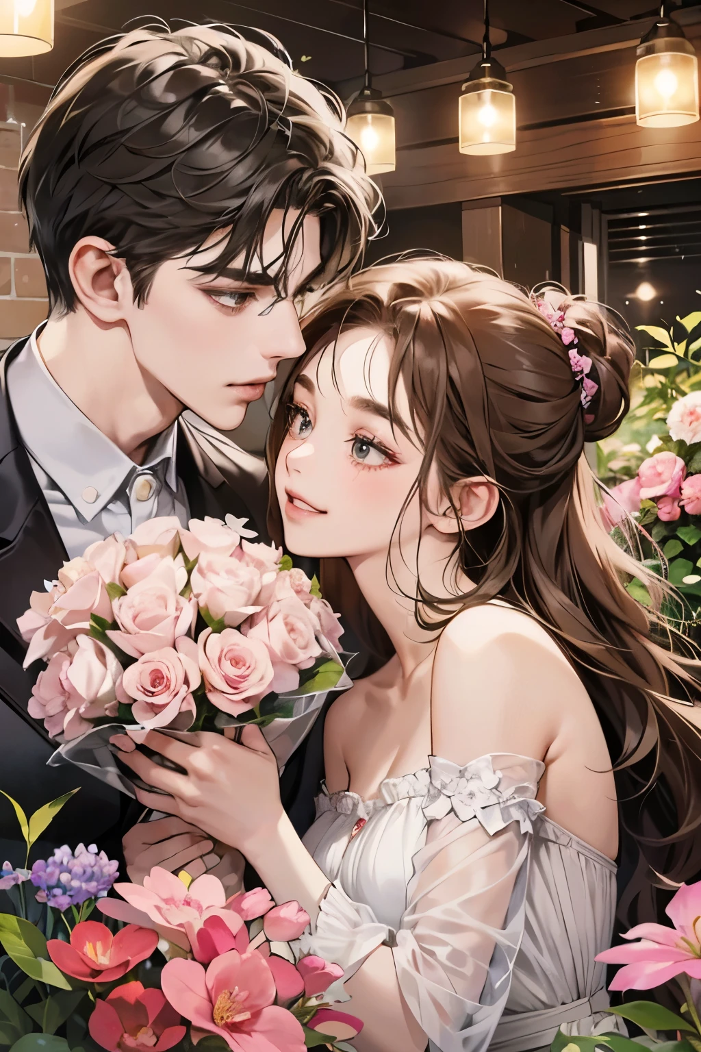 (table top, digital illustration, 4k, 8k, Super detailed, beautiful images, clear image,  perfect face, perfect lines, perfect eyes, soft lighting) 1 female, (light brown hair,chignon hair,innocent look,droopy eyebrows,droopy eyes、With a round face,round chin、innocence,cute,Big eyes,natural makeup,smile gently,E cup,23 years old:1.3),Two handsome men in suits, (human,man in suit,muscular、solid shoulder width,  boyish hairstyle,A man in his 30s with a cool expression,28 year old man with a bright smile:1.2),garden full of light、lots of flowers、colorful flower light,(embarrassing,shy smile:1.2),kiss、カップルkiss、romance porn、couple of man and woman hugging each other、flower shop