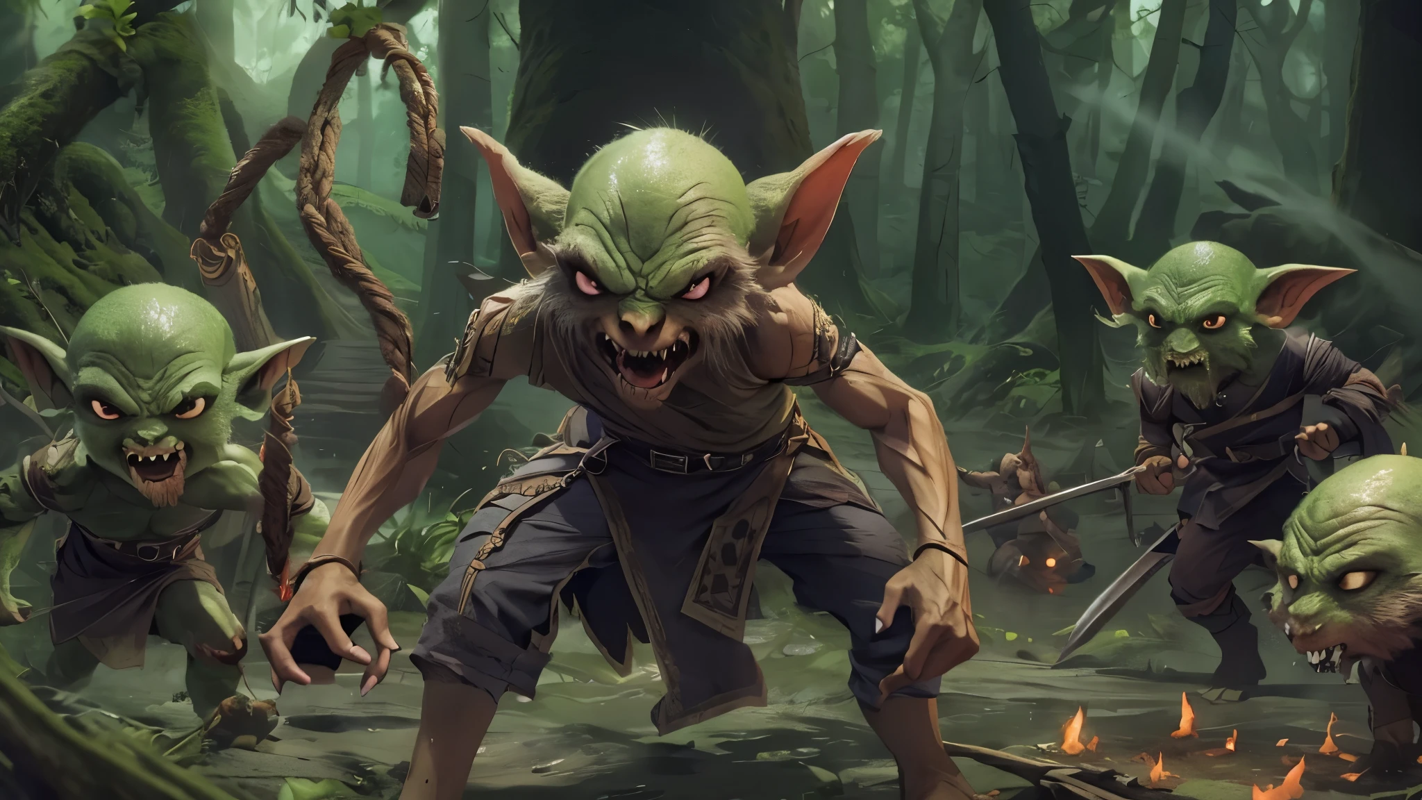 (masterpiece), 8k, best quality, panoramic view, Goblins, caramel, black and malicious eyes, evil, huge pointed ears, sharp teeth, bald, thin, 120 centimeters tall, dirty torn cloth clothing, fighting, piece of wood with nail, hitting other Goblins, in the forest