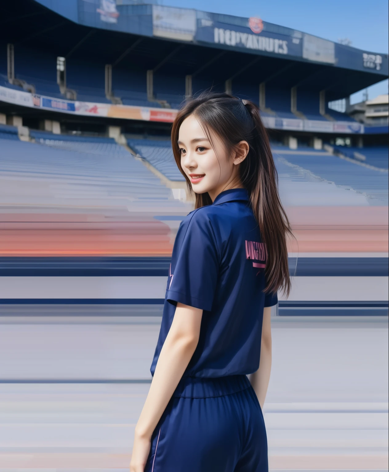 (best quality,10,10,height,Masterpiece:1.2),Special details,(realistic,ภาพrealistic,Realistic photos:1.37),1 cute girl on the football field,Shiny, shiny skin,only,smile softly,BDclothelue shirt:1.3)),short sleeve,shirt, กางเกงขาlong.,(navy_long_track pants:1.1), ((stadium background:1.3)),Dynamic angle,excited,Face focus,dynamic poses,from behind,focus on ass,Masterpiece, best quality, ultra realistic, hyper-detail, 8K resolution, raw photos, sharp focus, ((Navy blue shirt:1.1)), short sleeve, เส้นทางlong, perfect body, 2 mature women, 18 years old, Cinema-grade lighting,blue sweatpants,gym wear,correct anatomy,perfect body, correct body, Sharp face, correct bodyทางกายวิภาค, full body, realistic gestures, long-haired, realistic poses,Wear long shorts..................................,ช่วงขาlong,Good shape,sculpted girl, Slender figure, mannequin, Good shape, beautiful body,blue sweatpants, two girls kissing