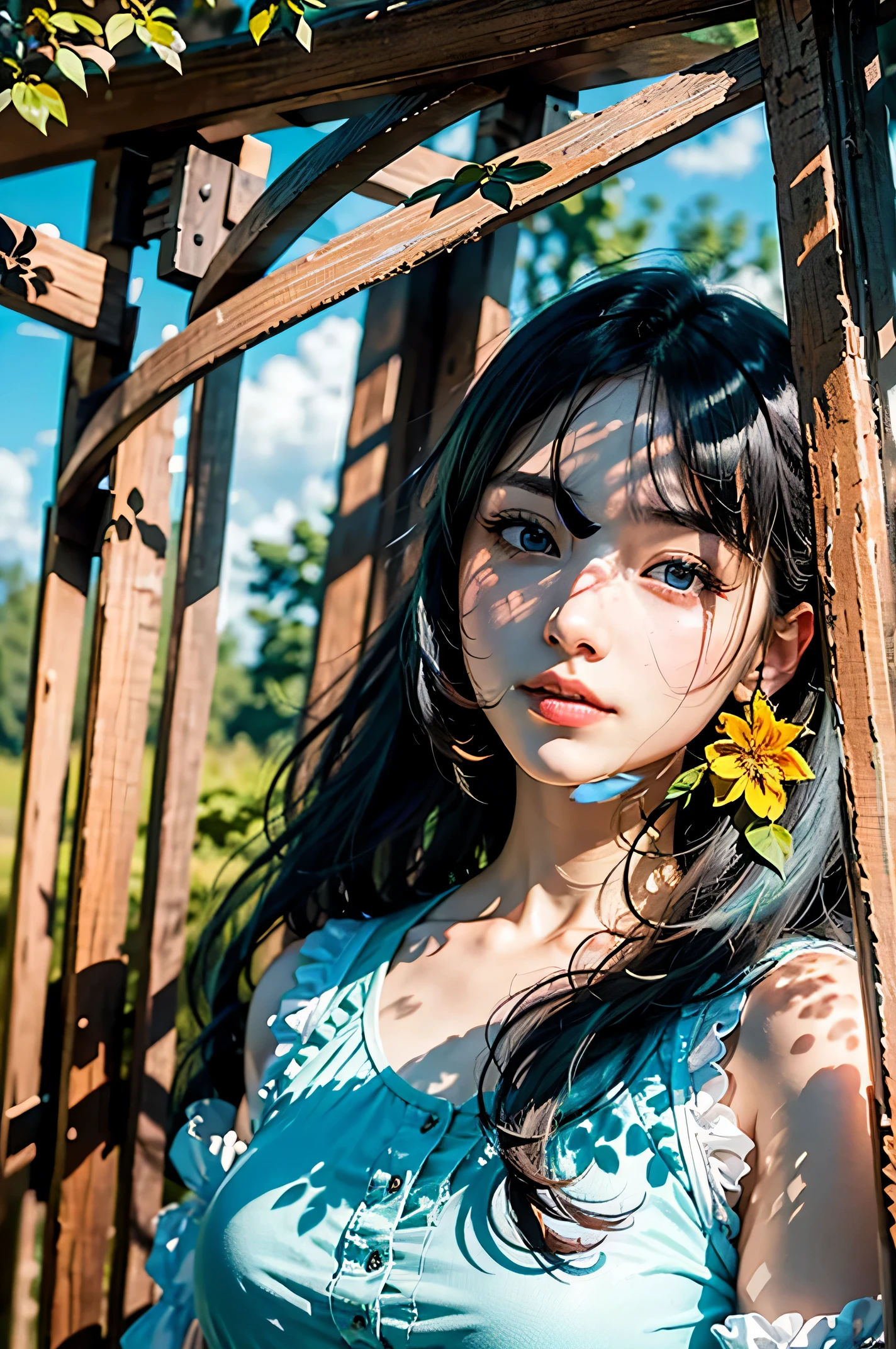 Under blue sky and white clouds.in the woods.There is a girl with black hair