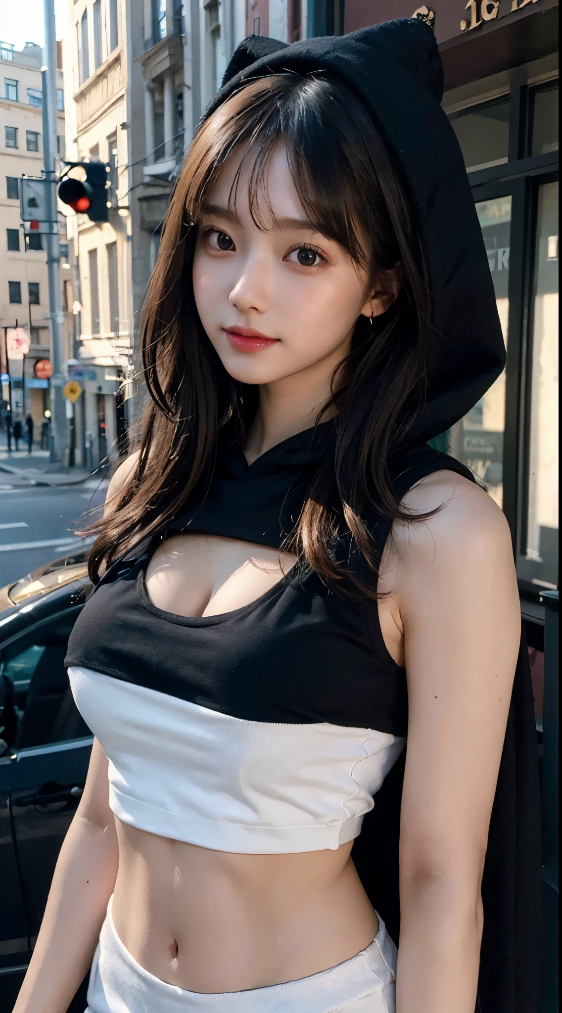 innocent 20 year old girl、((black hoodie with open chest,white tank top inner,Street fashion,open from chest to stomach,wearing a hood,dramatic pose)),smile,shortcut,city park background,RAW photo, (8k、highest quality、masterpiece:1.2)、(intricate details:1.4)、(Photoreal:1.4)、octane rendering、Ultra-detailed complex 3D renderings, soft light in the studio, rim light, vivid details, super detail, realistic skin texture, details face, beautiful detailed eyes, Highly detailed CG Unity 16k wallpaper, compensate, (detailed background:1.2), shiny skin, whole body、from head to thighs、cleavage,((whole bodyが映る))