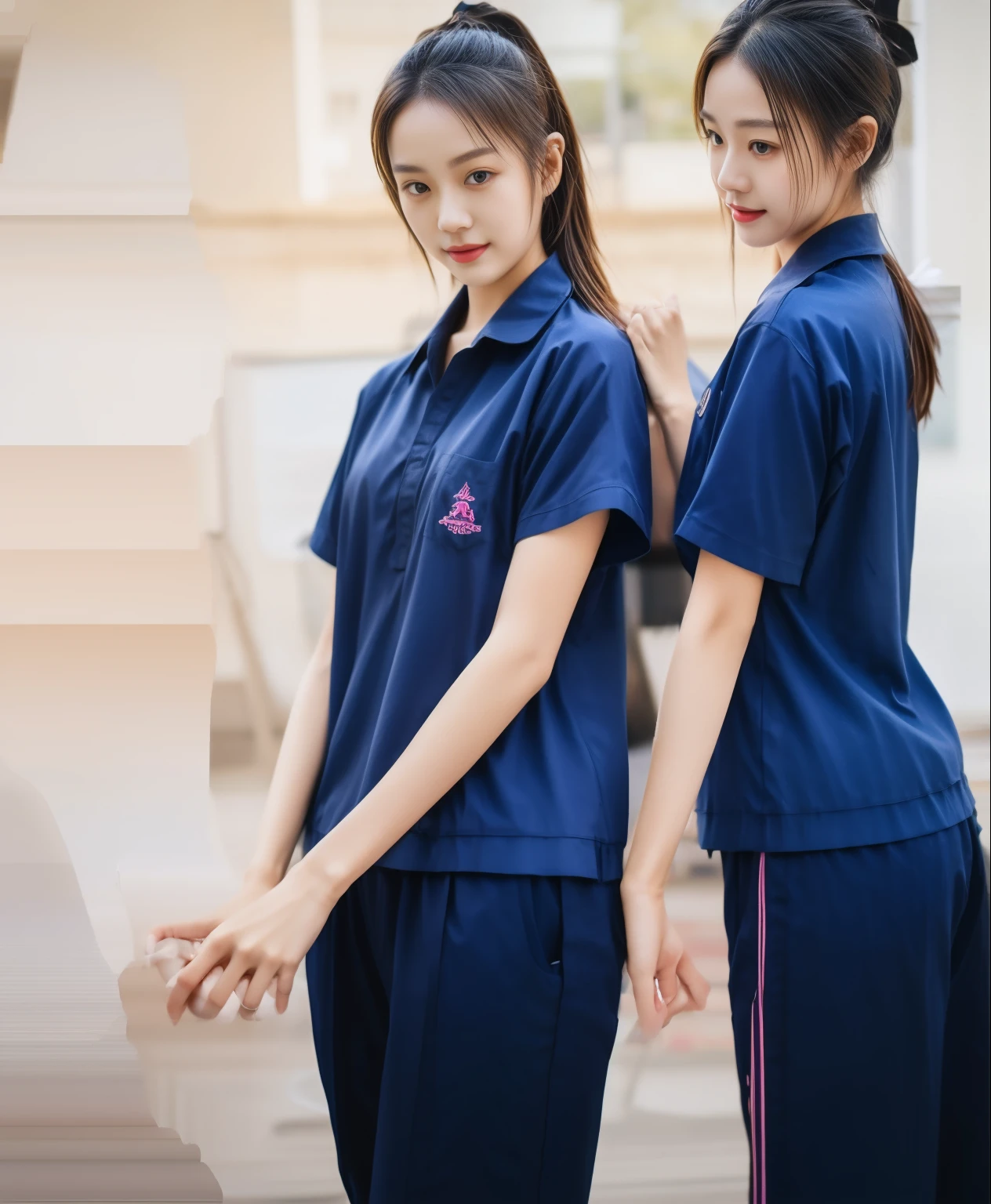 (best quality,10,10,height,Masterpiece:1.2),Special details,(realistic,ภาพrealistic,Realistic photos:1.37),1 cute girl in the fitness room,Shiny, shiny skin,only,smile softly,BDclothelue shirt:1.3)),short sleeve,shirt, กางเกงขาlong.,(navy_long_track pants:1.1),Dynamic angle,excited,Face focus,dynamic poses,from behind,focus on ass,Masterpiece, best quality, ultra realistic, hyper-detail, 8K resolution, raw photos, sharp focus, ((Navy blue shirt:1.1)), short sleeve, เส้นทางlong, perfect body, 2 mature women, 18 years old, Cinema-grade lighting,blue sweatpants,gym wear,correct anatomy,perfect body, correct body, Sharp face, correct bodyทางกายวิภาค, full body, realistic gestures, long-haired, realistic poses,Wear long shorts......................................,ช่วงขาlong,Good shape,sculpted girl, Slender figure, mannequin, Good shape, beautiful body,blue sweatpants, two girls kissing