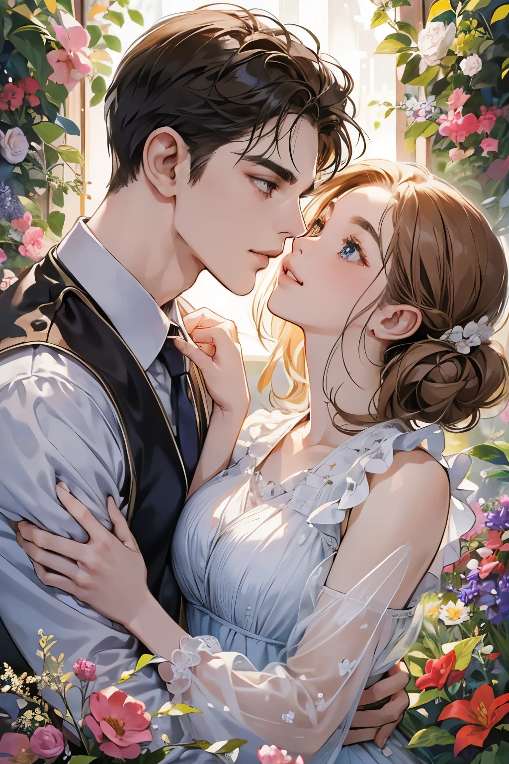 (table top, digital illustration, 4k, 8k, Super detailed, beautiful images, clear image,  perfect face, perfect lines, perfect eyes, soft lighting) 1 female, (light brown hair,chignon hair,innocent look,droopy eyebrows,droopy eyes、With a round face,round chin、innocence,cute,Big eyes,natural makeup,smile gently,E cup,23 years old:1.3),Two handsome men in suits, (human,man in suit,muscular、solid shoulder width,  boyish hairstyle,A man in his 30s with a cool expression,28 year old man with a bright smile:1.2),garden full of light、lots of flowers、colorful flower light,(embarrassing,shy smile:1.2),kiss、カップルkiss、romance porn、couple of man and woman hugging each other、flower shop
