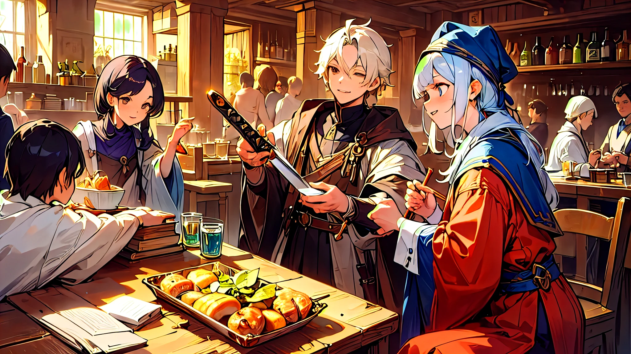 (masterpiece,highest quality),Medieval,A lively tavern,warm lighting,adventurer group,female wizard,female wizard,Male Swordsman,Male Swordsman,celebrate with beer,smile,detailed expression