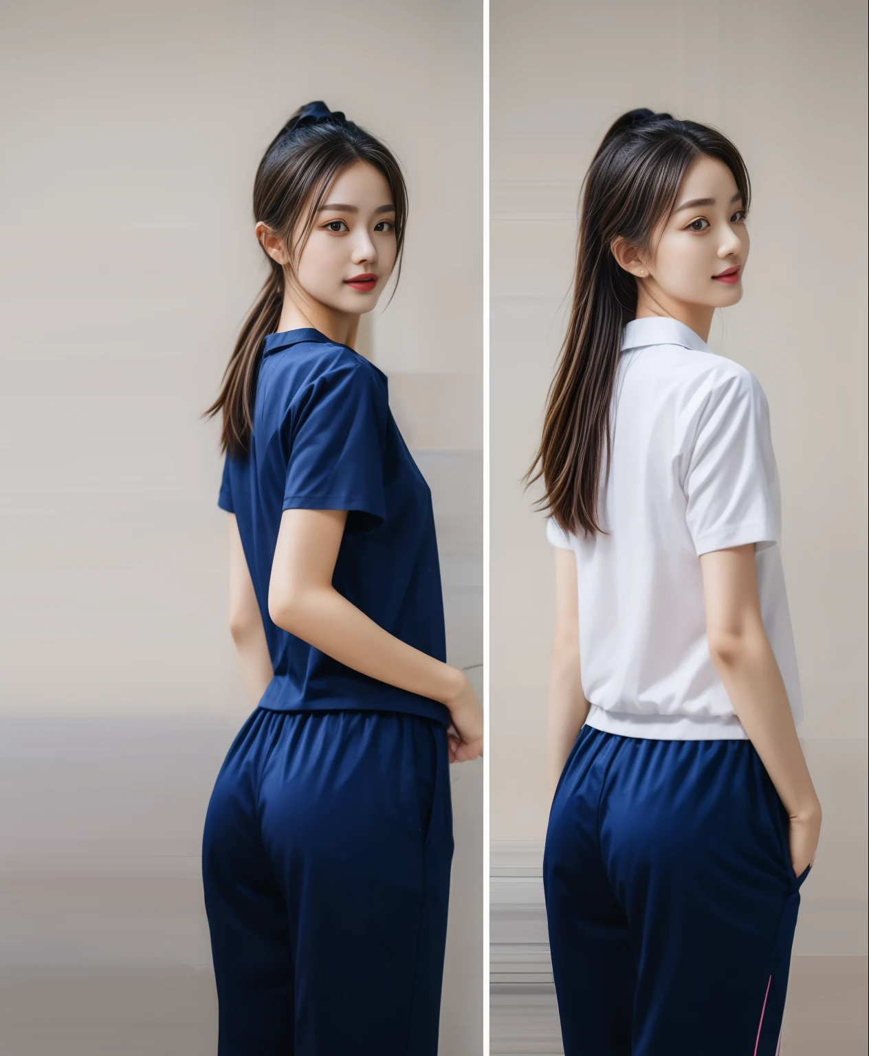 (best quality,10,10,height,Masterpiece:1.2),Special details,(realistic,ภาพrealistic,Realistic photos:1.37),1 cute girl in the fitness room,Shiny, shiny skin,only,smile softly,BDclothelue shirt:1.3)),short sleeve,shirt, กางเกงขาlong.,(navy_long_track pants:1.1),Dynamic angle,excited,Face focus,dynamic poses,from behind,focus on ass,Masterpiece, best quality, ultra realistic, hyper-detail, 8K resolution, raw photos, sharp focus, ((Navy blue shirt:1.1)), short sleeve, เส้นทางlong, perfect body, 2 mature women, 18 years old, Cinema-grade lighting,blue sweatpants,gym wear,correct anatomy,perfect body, correct body, Sharp face, correct bodyทางกายวิภาค, full body, realistic gestures, long-haired, realistic poses,Wear long shorts......................................,ช่วงขาlong,Good shape,sculpted girl, Slender figure, mannequin, Good shape, beautiful body,blue sweatpants, two girls kissing