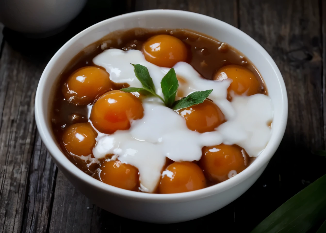 a bowl containing liquid brown sugar, white porridge mixed with coconut milk and some ice, some of very little small red pearls as topping.