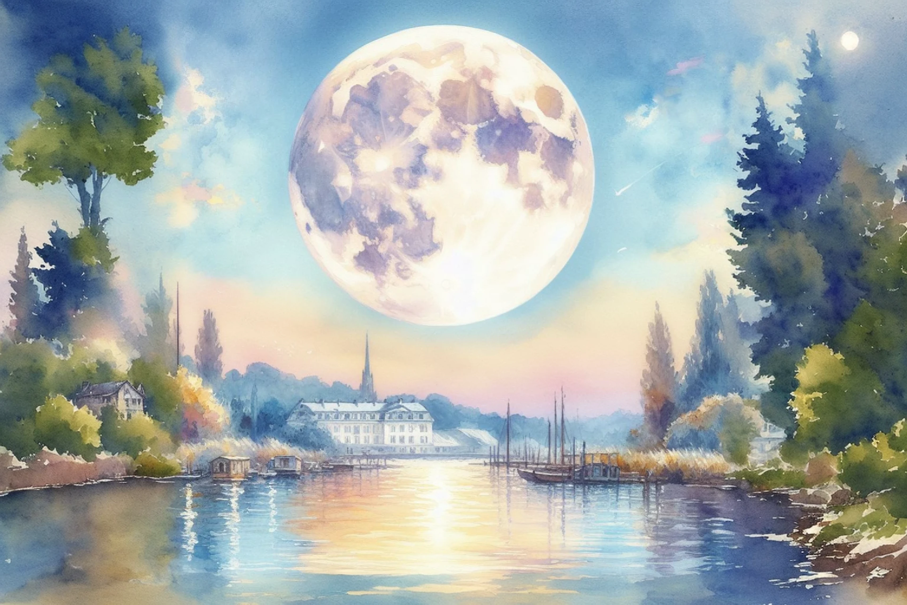 watercolor painting, full moon over the river and house. Monet Painting style.