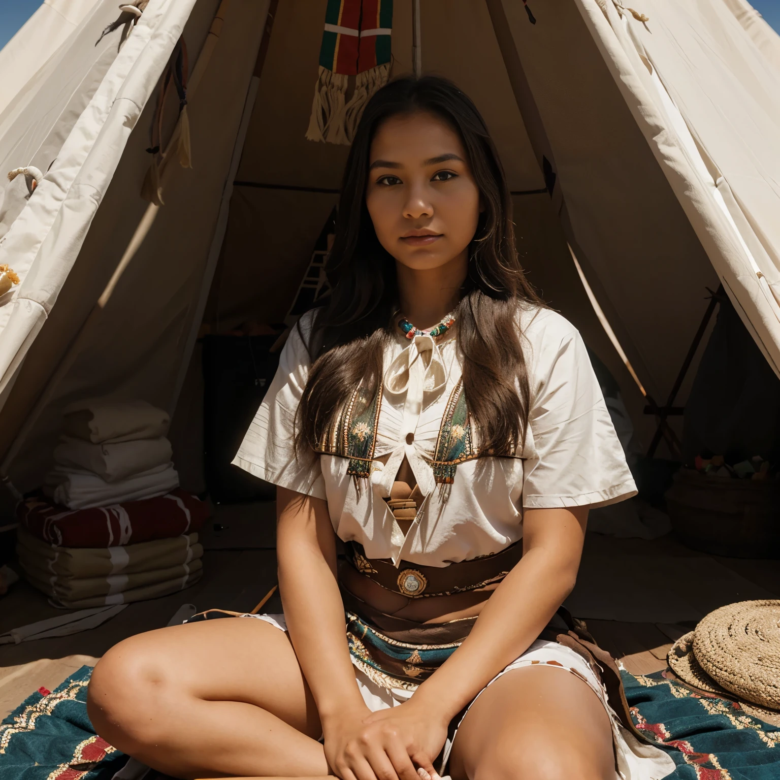 beautiful young Choctaw woman in ceremonial dress sitting IN front of a teepee