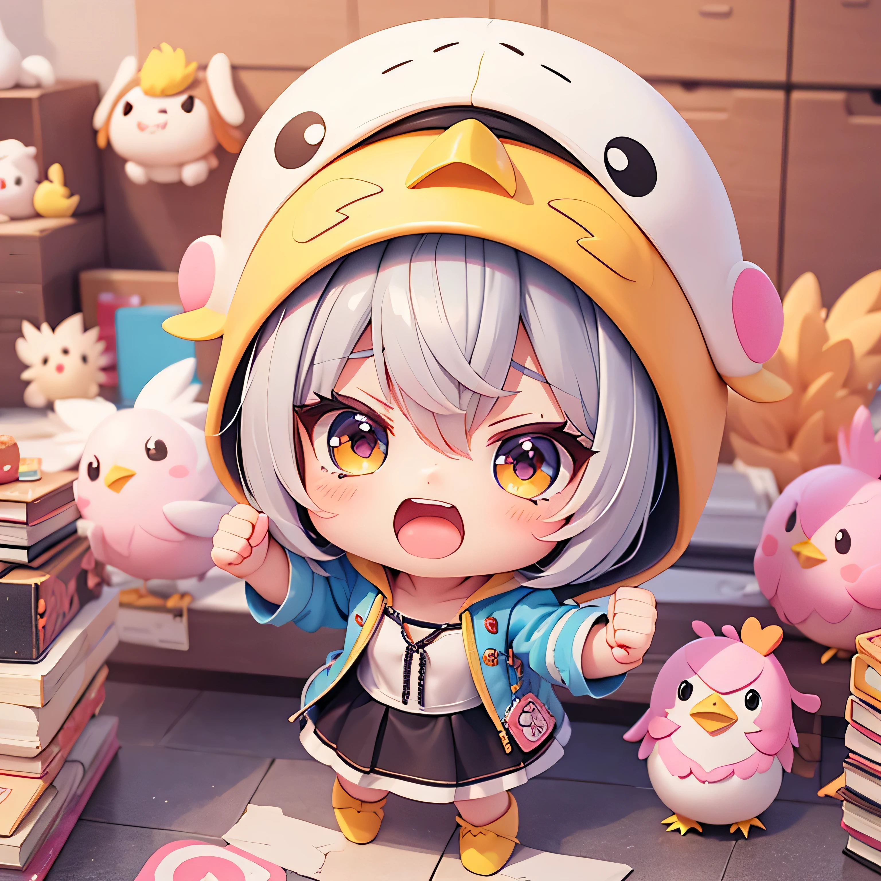 The character acted extremely angry.
The character raises his fist.
The character opens his mouth and shouts. , cartoon girl in a chicken costume with a hat and a hand,  kawaii cutest sticker ever, cute digital art, chibi girl, cute anime style, cute detailed digital art, anime chibi, cute anime girl, chibi anime girl, ruan cute vtuber, sticker illustration