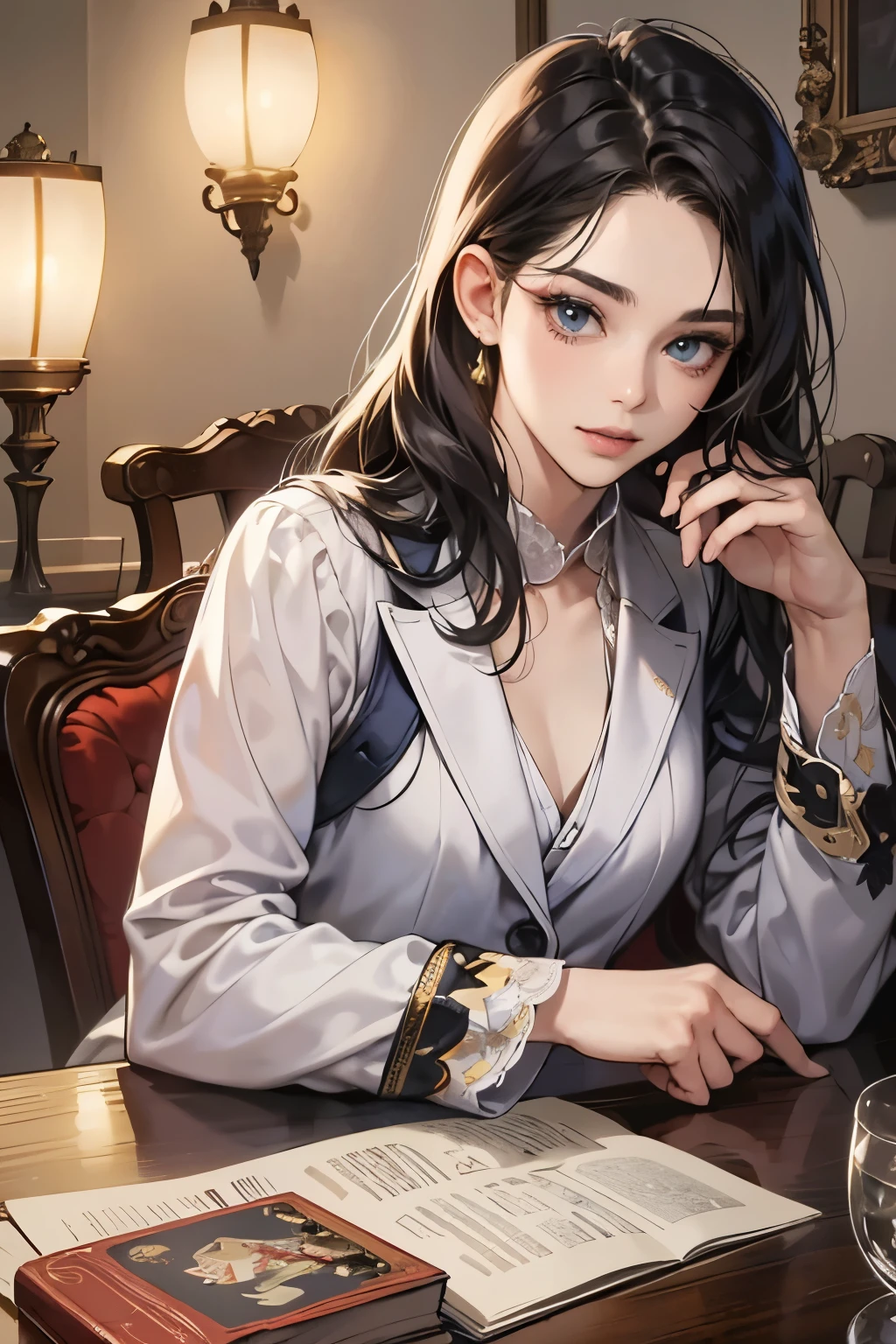 (table top, digital art, digital illustration,like the photo、4k, 8k, Super detailed, beautiful images, clear image, realistic, RAW photo, perfect face, perfect lines, perfect eyes,) 1 female, (long black hair,straight hair,bullish look,Beautiful woman,suit,solid makeup,small breasts、23 year old female,:1.3),secretary, suitを着たハンサムな男性 2 人, (human,suitを着た男,muscular,solid shoulder width, human,boyish hairstyle,british gentleman's style,A man in his 30s with a cool expression,28 year old man with a bright smile:1.2),night office scene,antique furniture,antique clamp,antique chair,chandelier,party、couple、coupleキス、romance、romanceポルノ、look at each other、hug each other