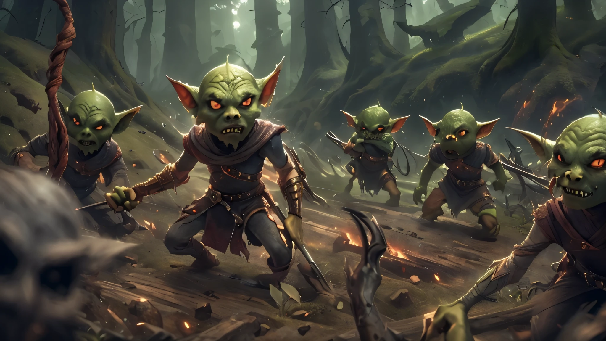 (masterpiece), 8k, best quality, panoramic view, Goblins, caramel, black and malicious eyes, evil, huge pointed ears, sharp teeth, bald, thin, 120 centimeters tall, dirty torn cloth clothing, fighting, piece of wood with nail, hitting other Goblins, in the forest