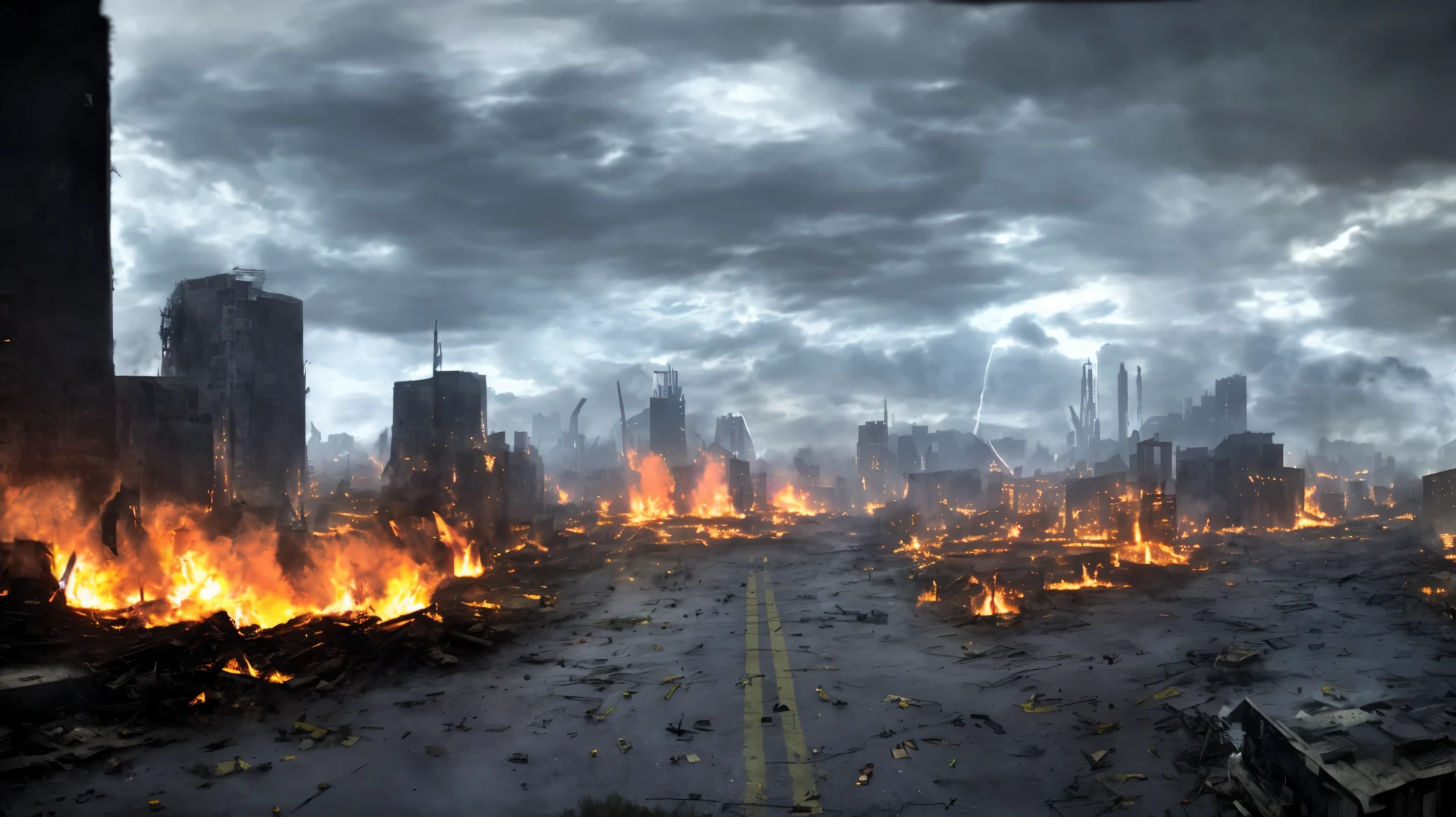 In a city with a lot of buildings，The flame is burning, doomsday scenario, apocalyptic environment, destroyed city on fire, The scenery of Tianqi City, doomsday scenariory, destroyed city in the background, apocalyptic city, apocalyptic city backround, Realistic apocalyptic war scenario, apocalyptic background, destroyed city, apocalyptic landscape, Tragic apocalyptic atmosphere, Armageddontic events, Post-apocalyptic atmosphere