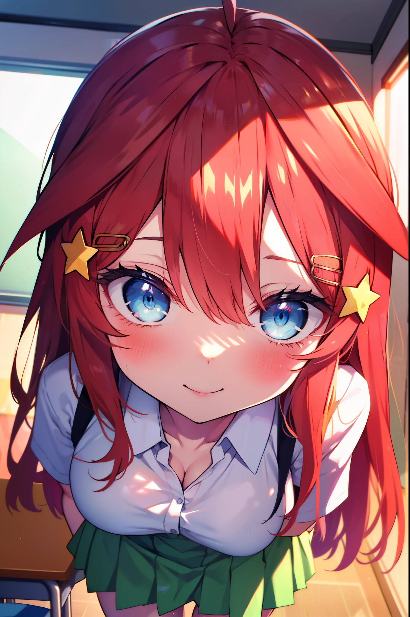 itsukinakano, Itsuki Nakano, bangs, blue eyes, hair between eyes, Ahoge, redhead, star \(symbol\), hair ornaments, star hair ornaments,long hair,smile,open your mouth,blush,The right hand takes a selfie from above the head.,left hand is on the desk,,big breasts,black bra,机にすわっる
break skirt The front is open, shirt The front is open, School uniform, clavicle, white shirt, short sleeve, pleated skirt, socks, collared shirt, mini skirt, knee high, white socks, green skirt,
break indoors, School, classroom,
break (masterpiece:1.2), highest quality, High resolution, unity 8k wallpaper, (figure:0.8), (detailed and beautiful eyes:1.6), highly detailed face, perfect lighting, Very detailed CG, (perfect hands, perfect anatomy),