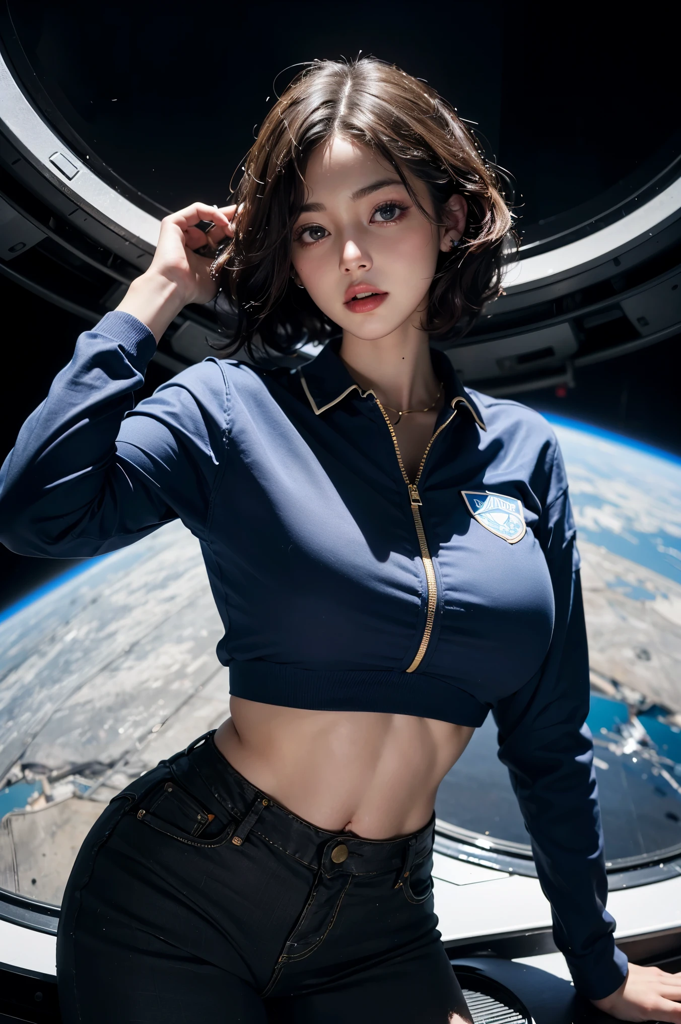 a woman with short red hair wearing (blue allianceuniform) in a space station, cute face, realistic skin, dramatic lighting, ultra realistic, wallpaper, intricate, sharp focus, ray tracing, rtx, professionally color graded, professional photography, masterpiece, ultra detailed, high quality, best quality, 4k, 8k, raw , skindentation, huge breasts, short hair,