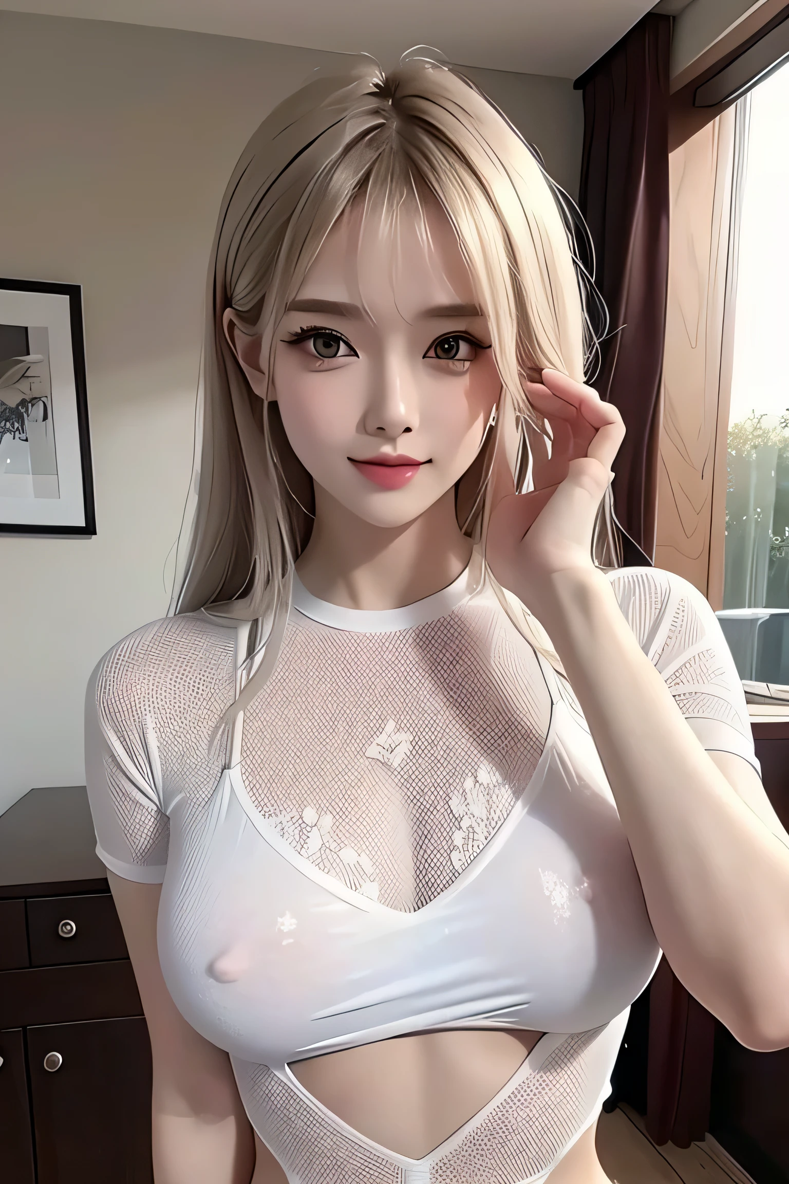 Upper body, (SW1MC0V3R:1.2), shirt, See-through, Fishnet tights,(sharp focus:1.2), portrait, ((take a pose)), (beautiful face:1.1), fine eyes, luscious lips, ((shortcut)), (bright studio lighting:1.2), written boundary depth, Bokeh,Medium chest, ((erect nipples)), thin waist, silver hair,