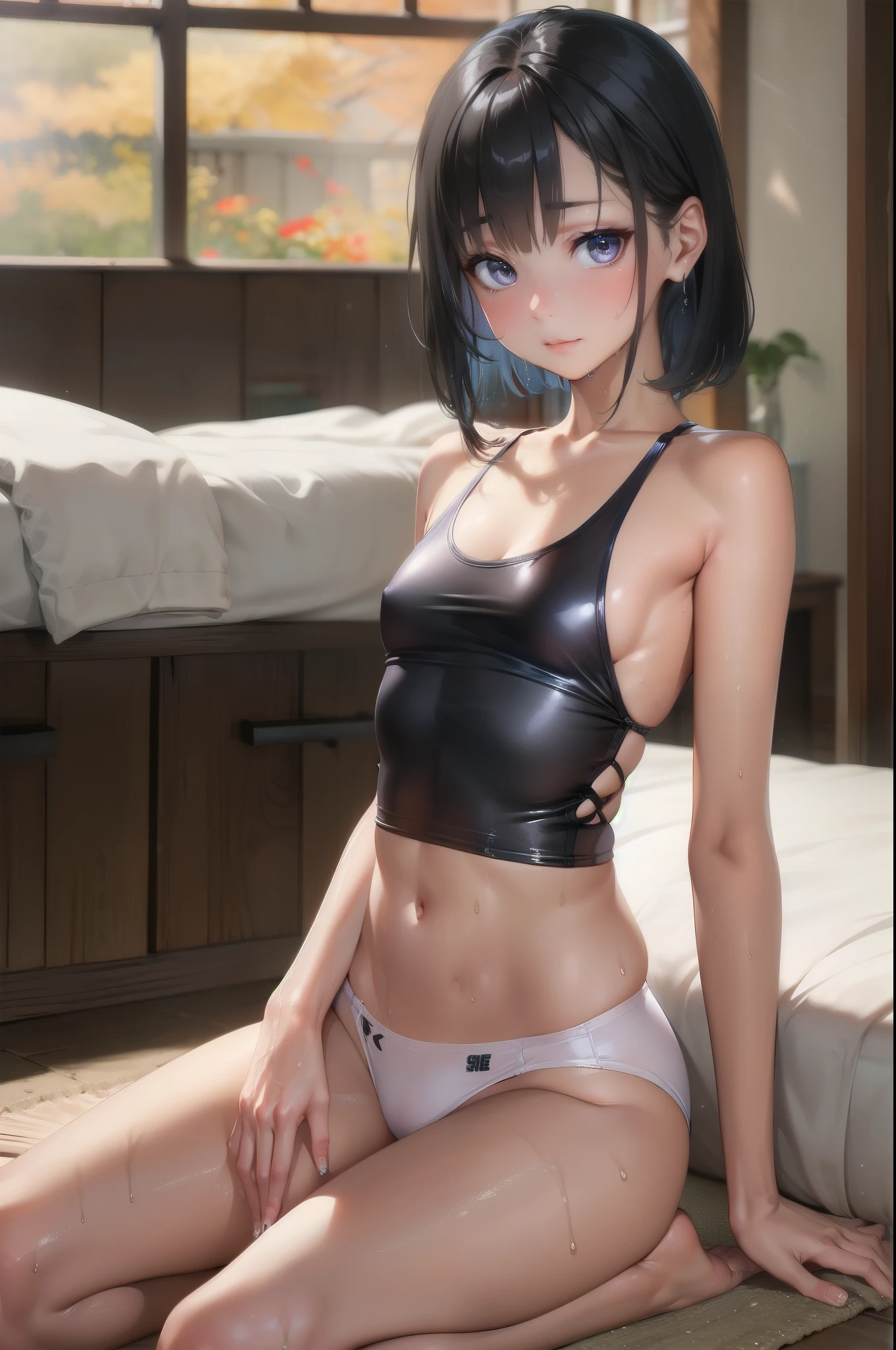 (cowboy shot),(Perfect Anatomy,top-quality、The ultra -The high-definition、hight resolution、extremely details CG、8K Unit Wallpapers),20-year-old、solo,Beautiful detailed eyes,black hair,shor bob hair,blunt bang,wet hair,(small breasts,slender body,skinny,sweat),gleaming skin,oily skin,(wet clothes、punk fashion,tight black tank top、perfect white panties、barefoot),sitting,simple bed、(indoor、山小屋のindoor),