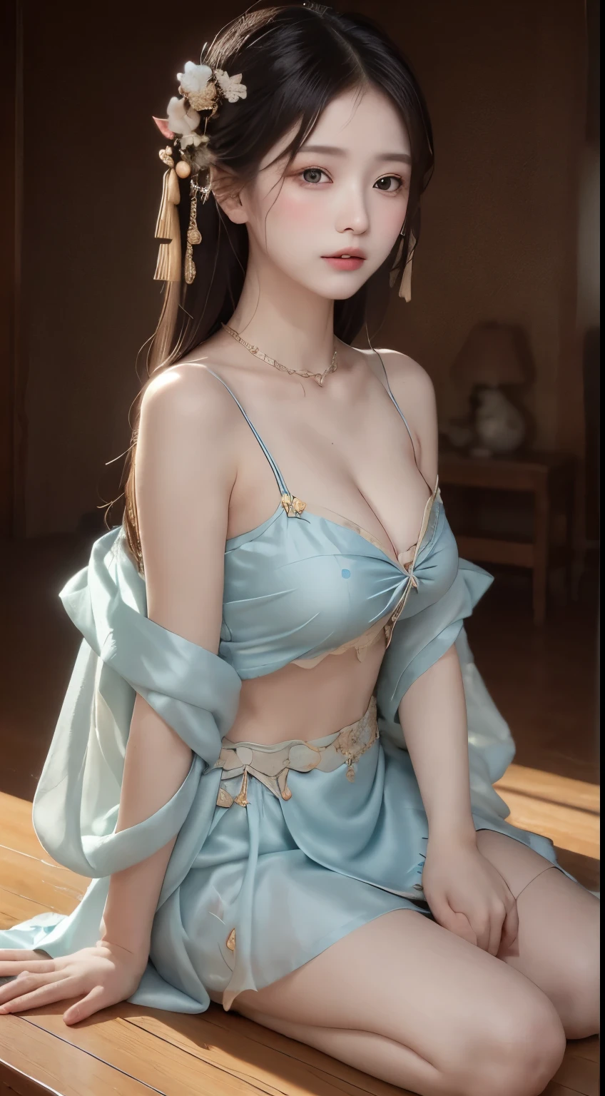((Best quality, 8k, Masterpiece :1.3)), Sharp focus :1.2, 1girl 10 yearld old, china dress, hair ornament, necklace, jewelry, Beautiful face, upon_body, tyndall effect, photorealistic, dark studio, rim lighting, two tone lighting, (high detailed skin:1.2), 8k uhd, dslr, soft lighting, high quality, volumetric lighting, candid, Photograph, high resolution,, slightly squinted eyes, adjusting her hair, long eyelashes (long hair / very, very exaggerated big breasts _ tits / in hanfu chinese thin silk very wet body, thin cloth embossed pattern, short skirt), posing sit in front of the camera, very wet body, thin cloth embossed pattern), posing sit in front of the camera, wet throught skin, wet silk lace under wear throught skin, thin cloth embossed pattern detaild sexy Barbie
