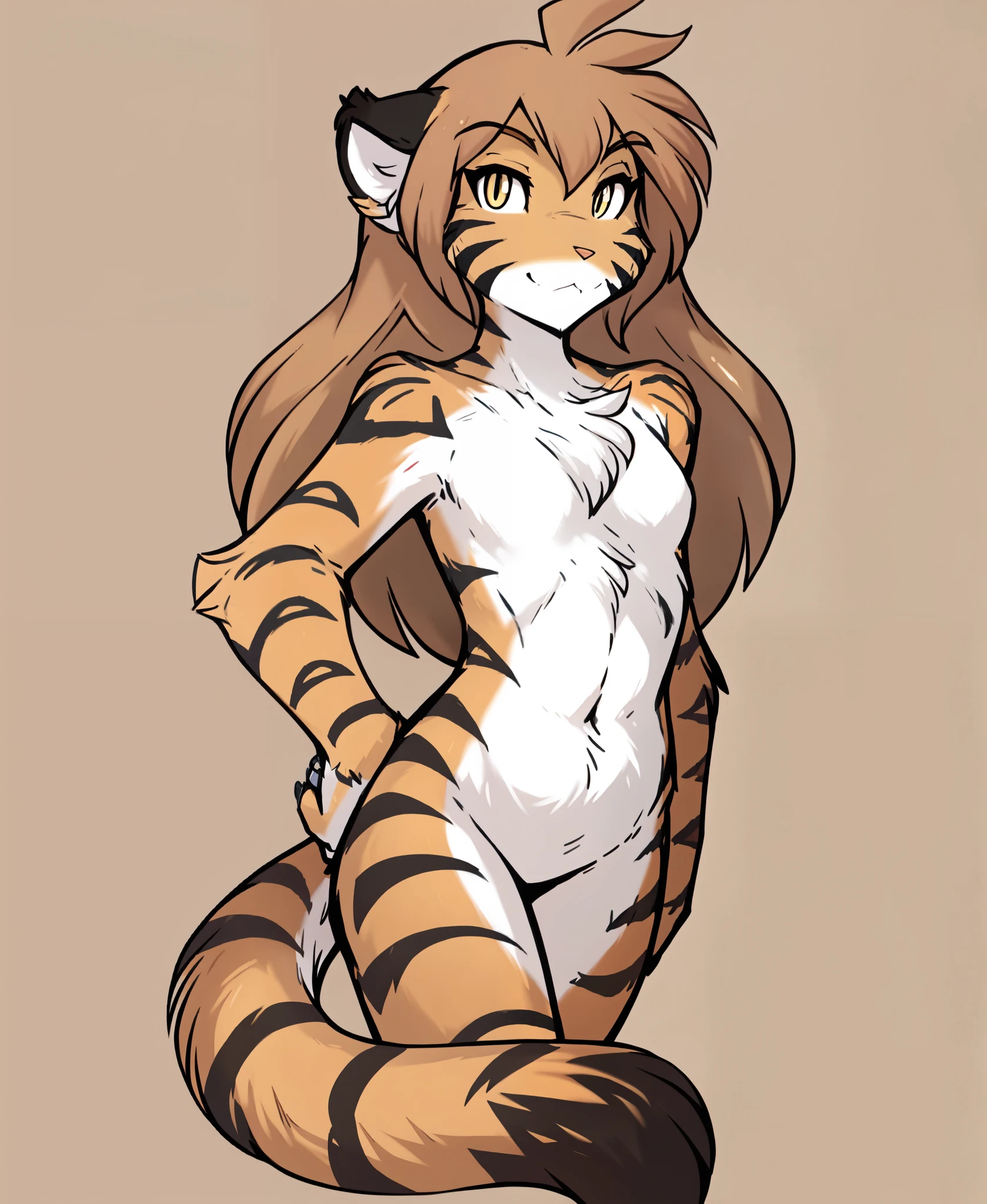 Flora Twokinds,1girl,animal ears,furry female,tiger tail,yellow eyes,tiger girl,solo,nude, orange fur,body fur, small breasts, white belly and chest area, black stripes,(Anime:1.3),Cartoon(,Masterpiece:1.4),8k,best quality,good hands Looking at viewer, posing,simple background,beautiful,correct anatomy, (by Tom Fischbach:1.3), safe