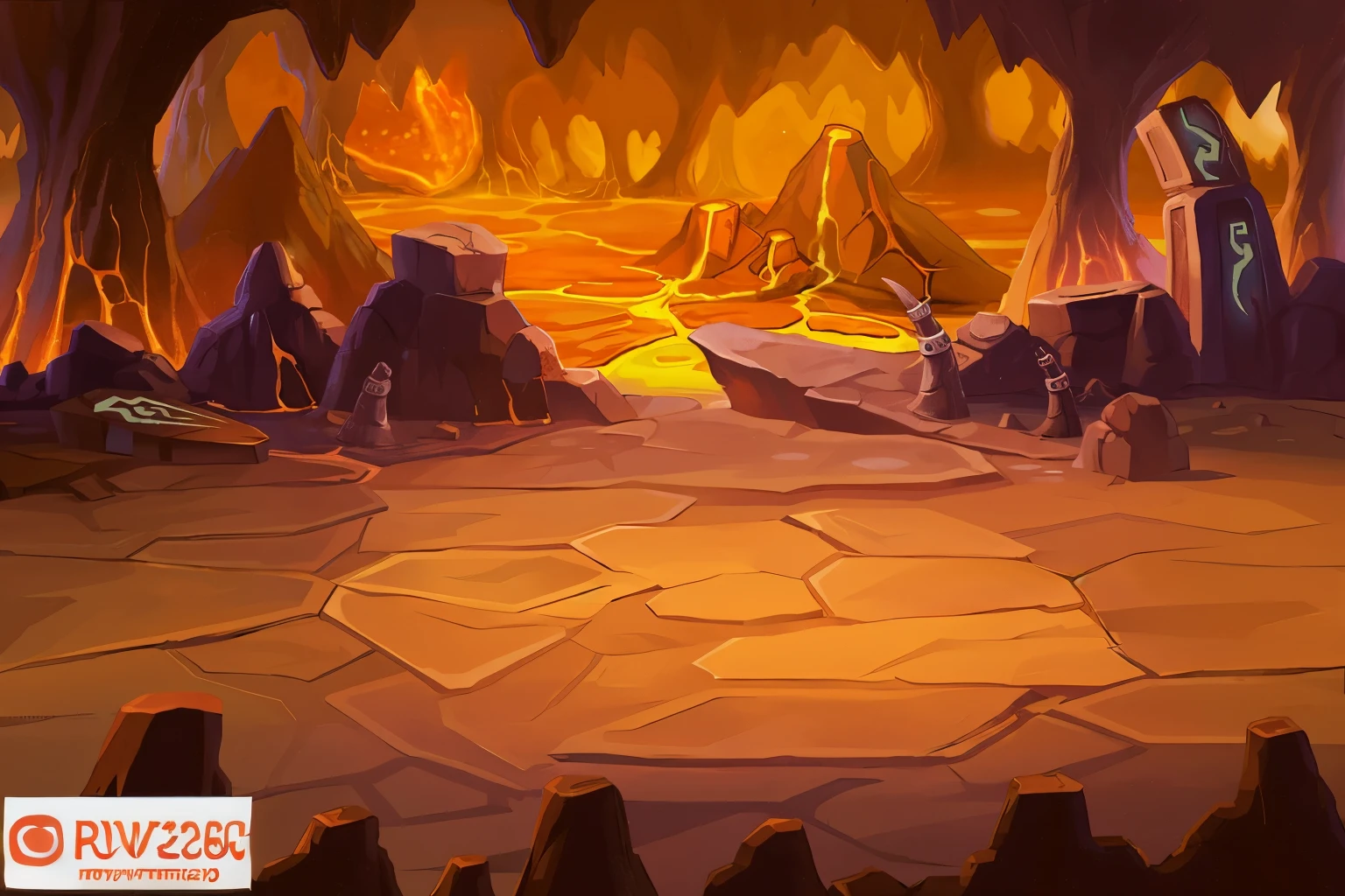 Cartoon scene of cave with fire and rocks