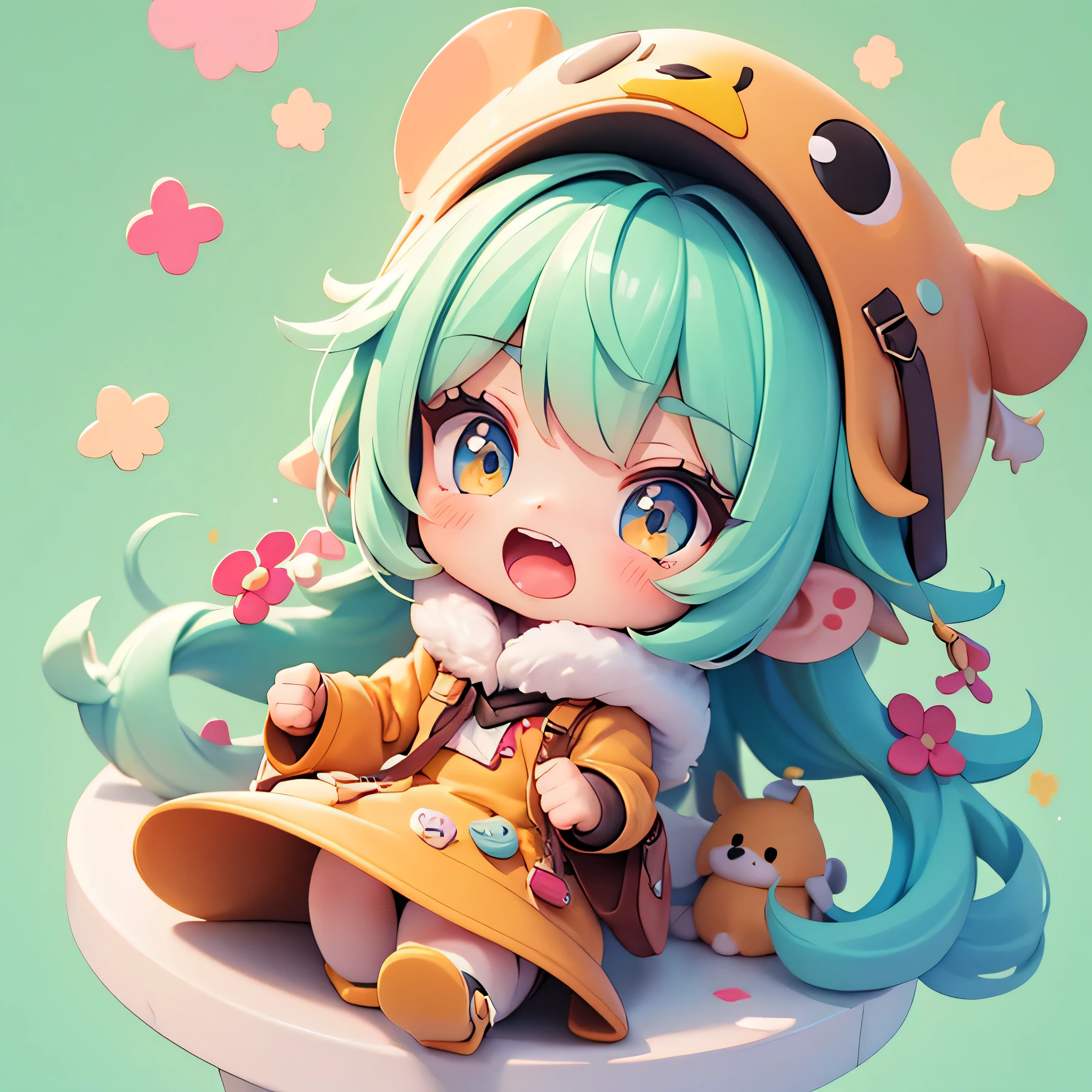 The character acted extremely angry.
The character raises his fist.
The character opens his mouth and shouts. There was a lump of sugar lying there., cartoon girl in a chicken costume with a hat and a hand,  kawaii cutest sticker ever, cute digital art, chibi girl, cute anime style, cute detailed digital art, anime chibi, cute anime girl, chibi anime girl, ruan cute vtuber, sticker illustration