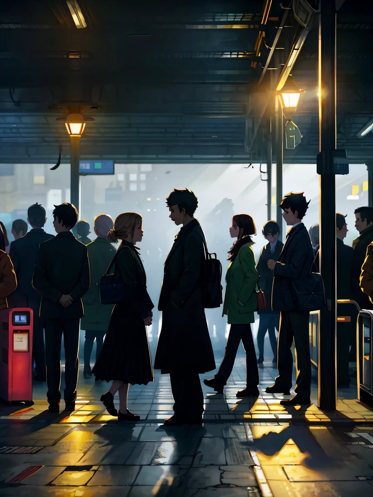 busy bus station，crowd shadow，stop bus，dark night，dim street lights，stale，dilapidated