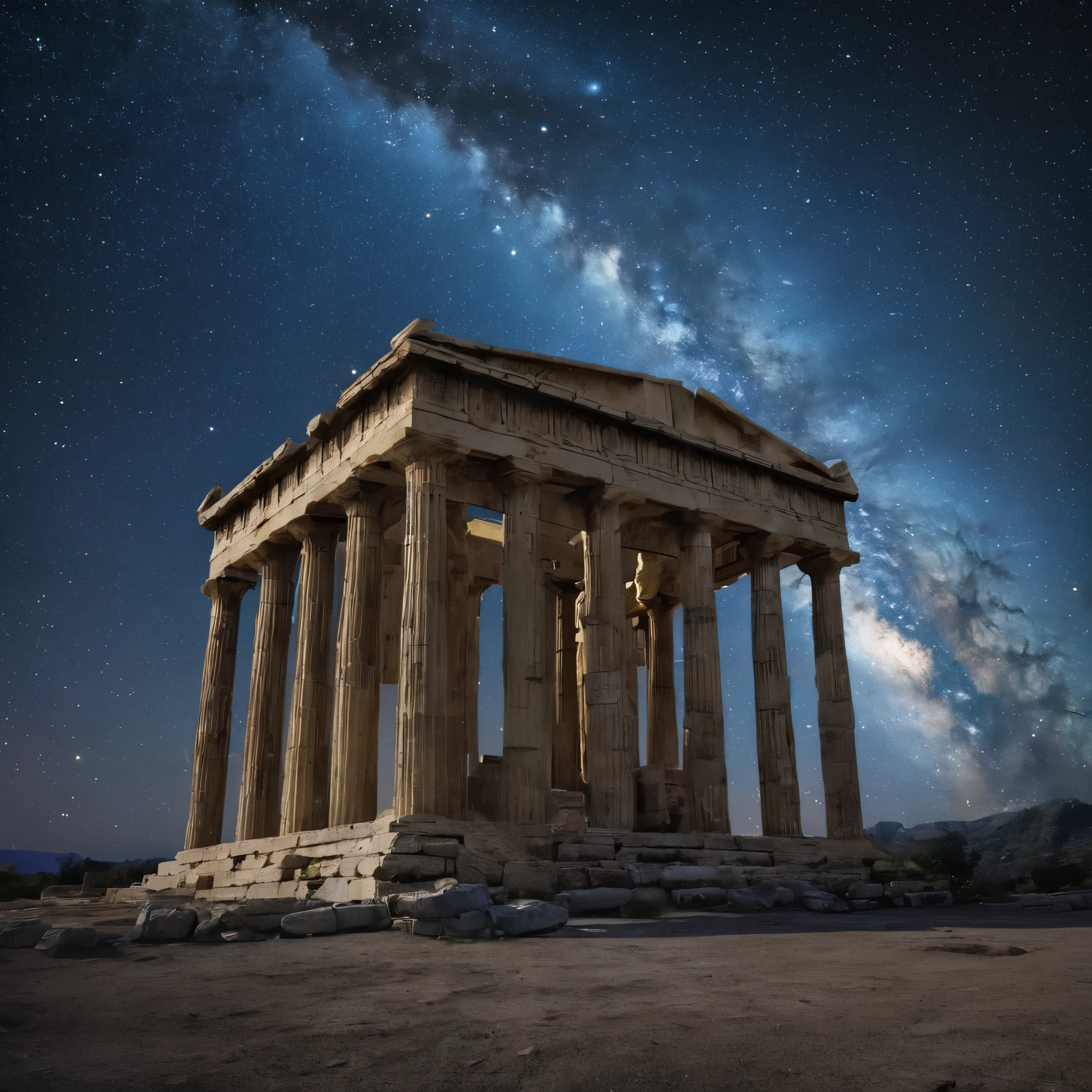 Amidst the vast, mysterious expanse of the milky way galaxy, an ancient Greek temple stands as a beacon of peace and happiness, emanating goodness and balance. The temple, built with refined principles, represents Belief and spirituality, with every stone differentiated and clear against the night sky. Draped in the wisdom of ages, the temple transcends the boundaries of time and space, acting as a portal that reveals the truth of the universe and the transcendence of life's evolution. As the stars twinkle above, it melts the hearts of those who approach, inviting them to embark on a path of self-identification and personal growth. The temple's