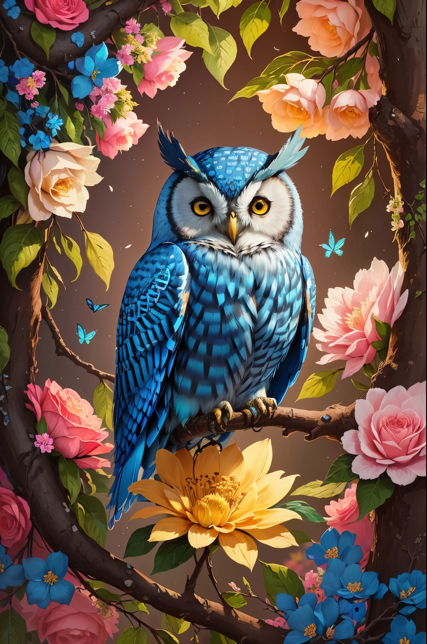 Painting of a blue owl sitting on a branch surrounded by flowers, Full of color and rich details, radiant owl, Detailed 4k, 4k highly detailed digital art, 4K highly detailed art, Highly detailed digital artwork, 8k high quality detailed art, Beeple and Jeremiah Ketner, 4k detailed digital art, Highly detailed 4k art