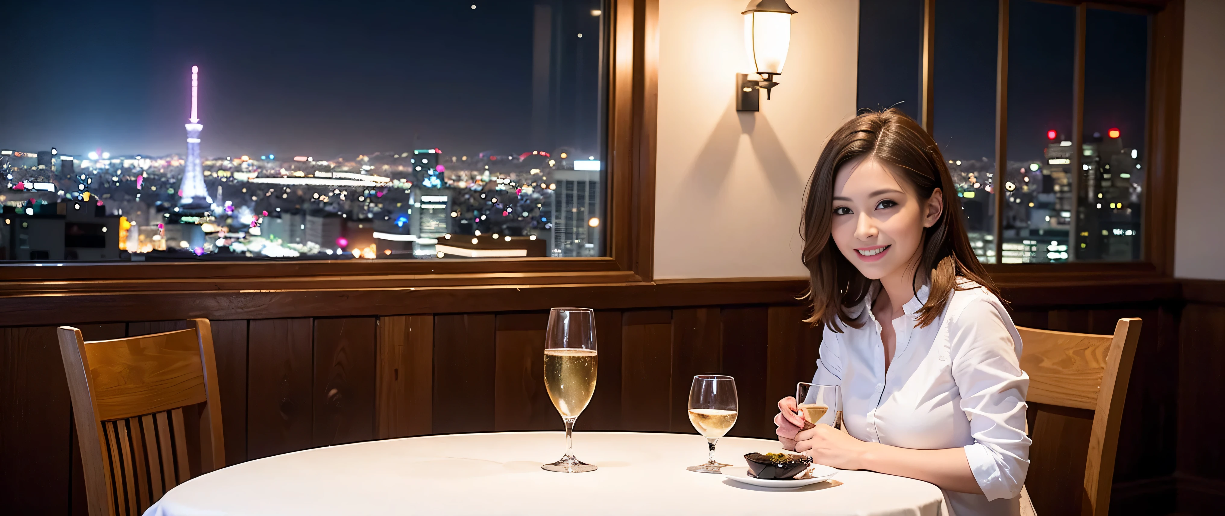 64k, Hmm, highest quality, masterpiece: 1.2), (realistic, photorealistic: 1.37), Super detailed, 3 slim beauties, (slim face),Happy、 the best smile、Fox face、Berry Short、(because I'thin), (brown hair), (shortcut), long sleeve shirt、winter fashion、Colombian、Brazilian、Japanese、Dutch、German、Portuguese、Belgian、Italian、French,Champagne、sparkling wine、 (squirt), (slim body), (brown hair), (shortcut), neat beauty、cheeks turn a little red, (35 years old), 38 years old, alone, A beautiful and detailed night view spreads out outside the window....., restaurant, wine glass is sitting, At night, in a prominent place (from the Upper body) nova frog style, actress, model, Upper body, White wine, slim, wine glass, Very beautiful night view, wine glass Put in the Middle, Happy smile, (smile: 1.15),