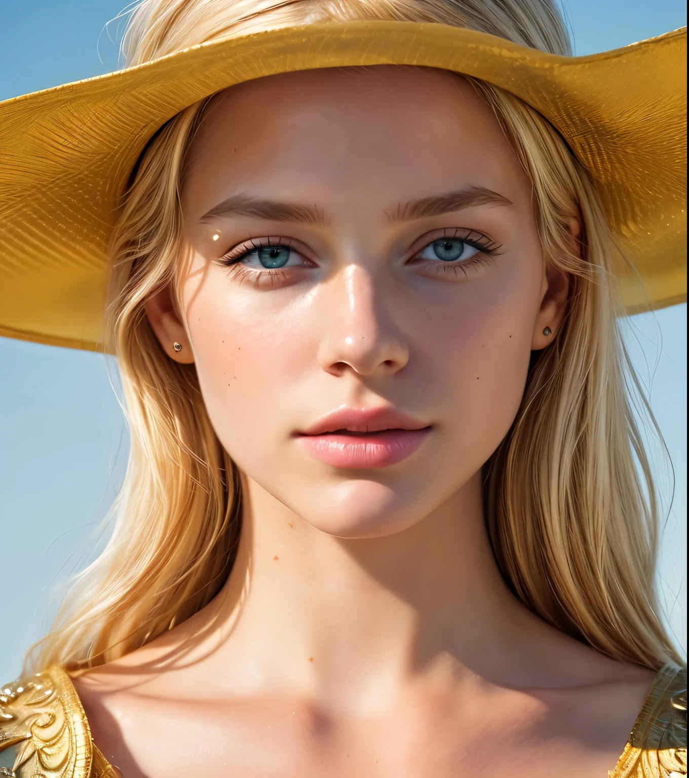 best quality, photograph, naked Swedish  lady wearing straw hat, lying on her back with legs crossed, (blonde pubic hair:1.1), (small naked breasts:1.2), tanned skin,  bright sunlight, small gold necklace, blue iris, LIPBITE, observatory tower background,score_9, score_8_up, score_7_up, score_6_up, score_5_up, score_4_up