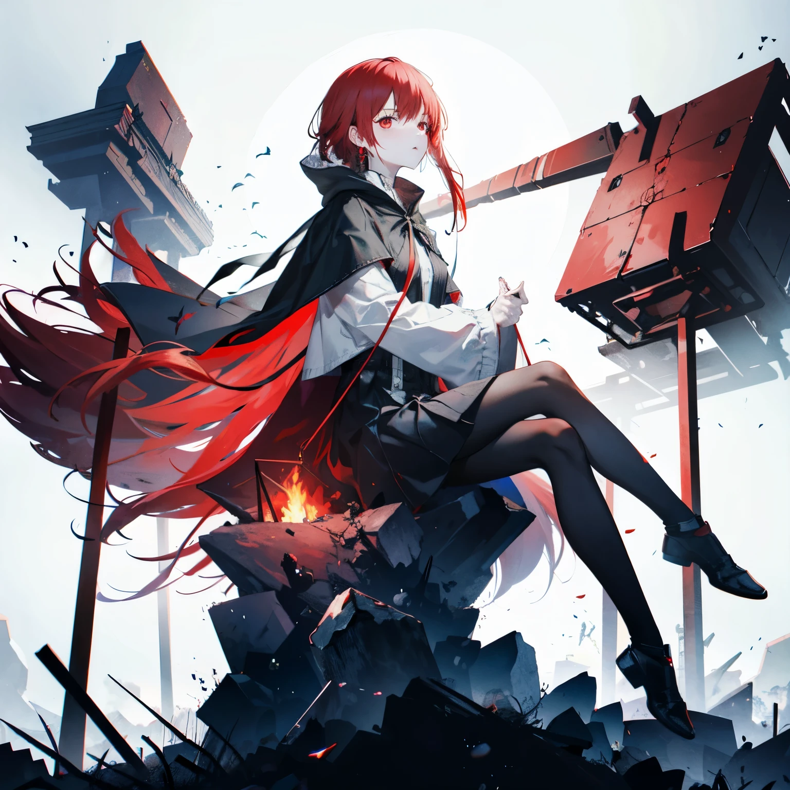 (red_grayscale),masterpiece,1 girl,alone,sitting,bonfire,campfire,full_moon,field,Remains,red_hair,length_hair,black_cloak,cape_hood,red_eye,emotionless,outdoors,cross_earrings,