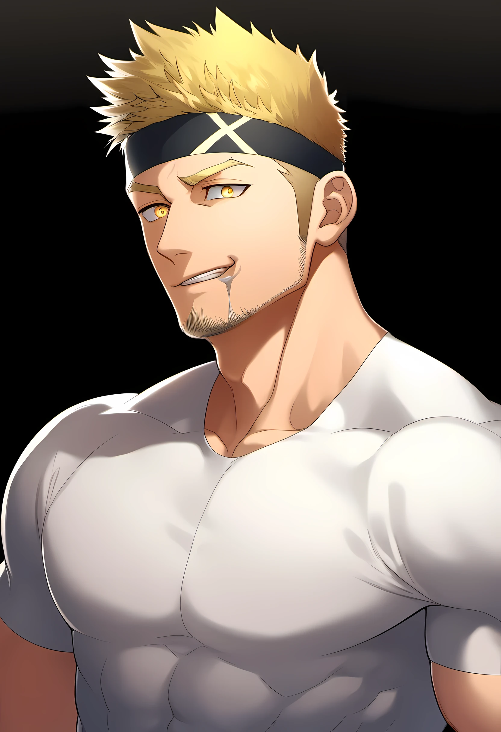 anime characters:Guy, Priapus, ung muscular man, male focus, Six pointed star tattoo on face, Sporty black headband, White spandex tight T-shirt, Milky white mucus at the corners of the mouth, muscular male, muscular, only, Upper body, alone, short yellow hair, stubble, yellow eyes, black background, simple background, amazing quality, best aesthetics, Ridiculous, bright pupils, short hair, naughty face, torogao, open lips, best quality