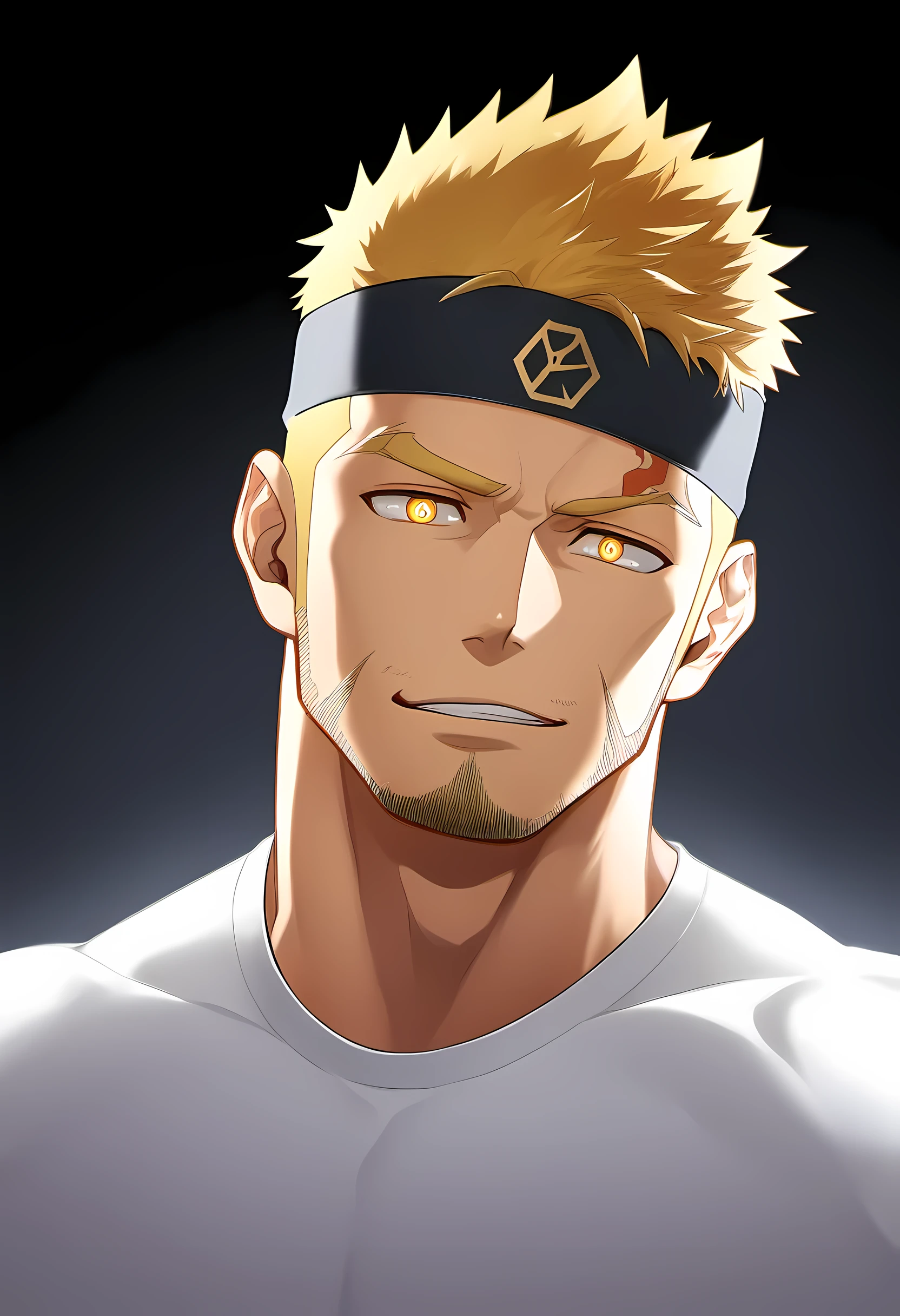 anime characters：Guy, Priapus, 1 young muscular man, male focus, Six pointed star tattoo on face, Sporty black headband, White spandex tight T-shirt, Milky white mucus at the corners of the mouth, muscular male, muscular, only, Upper body, alone, short yellow hair, stubble, yellow eyes, black background, simple background, amazing quality, best aesthetics, Ridiculous, bright pupils, short hair, naughty face, torogao, open lips, best quality