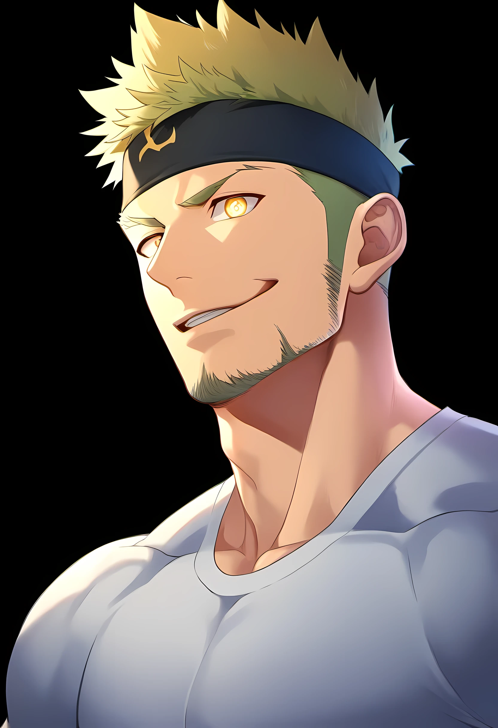 anime characters：Guy, Priapus, ung muscular man, male focus, Six pointed star tattoo on face, Sporty black headband, White spandex tight T-shirt, Milky white mucus at the corners of the mouth, muscular male, muscular, only, Upper body, alone, short yellow hair, stubble, yellow eyes, black background, simple background, amazing quality, best aesthetics, Ridiculous, bright pupils, short hair, naughty face, torogao, open lips, best quality