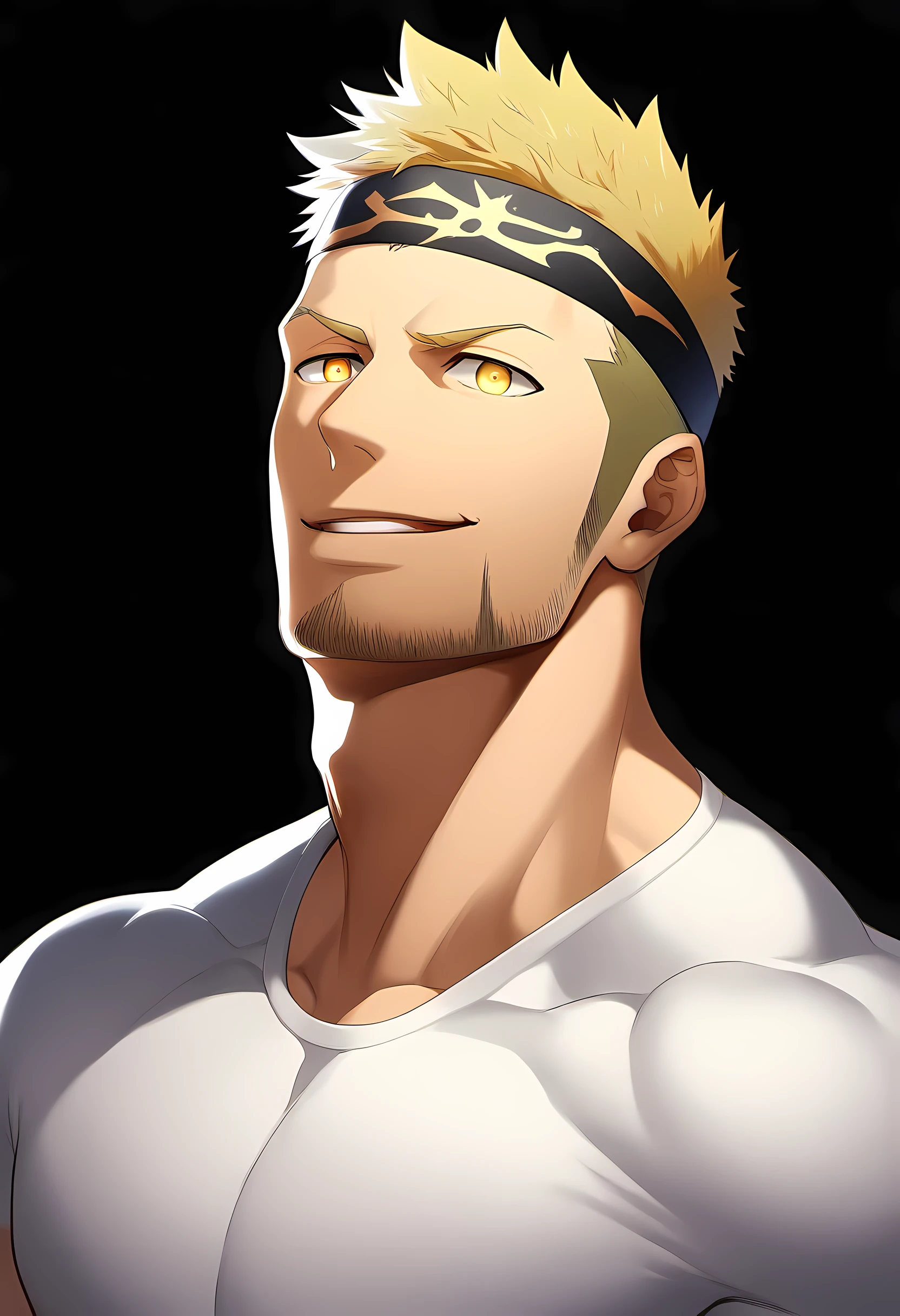 anime characters:Guy, Priapus, 1 young muscular man, male focus, Six pointed star tattoo on face, Sporty black headband, White spandex tight T-shirt, Milky white mucus at the corners of the mouth, muscular male, muscular, only, Upper body, alone, short yellow hair, stubble, yellow eyes, black background, simple background, amazing quality, best aesthetics, Ridiculous, bright pupils, short hair, naughty face, torogao, open lips, best quality