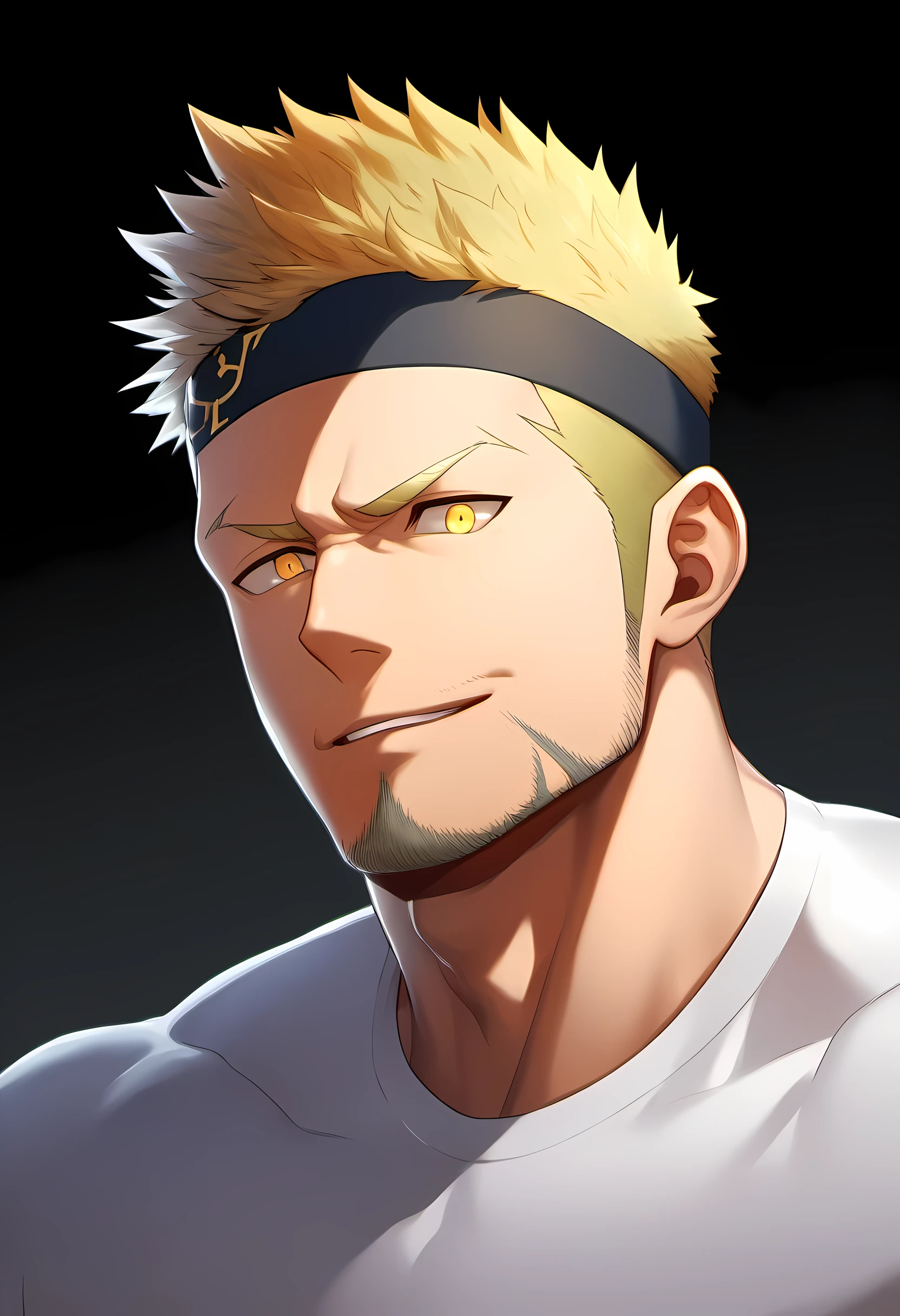 anime characters:Guy, Priapus, 1 young muscular man, male focus, Six pointed star tattoo on face, Sporty black headband, White spandex tight T-shirt, Milky white mucus at the corners of the mouth, muscular male, muscular, only, Upper body, alone, short yellow hair, stubble, yellow eyes, black background, simple background, amazing quality, best aesthetics, Ridiculous, bright pupils, short hair, naughty face, torogao, open lips, best quality