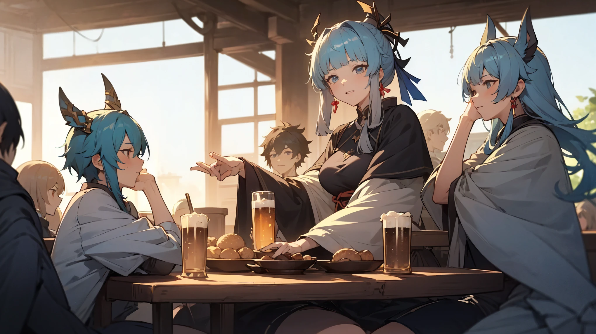 Anime character sitting at a table drinking beer,adventurer group, Genshin, tavern background, ayaka Genshin impact, isekai, DND Party, Azur Lane characters, popular isekai anime, From Arknights, From Dolls Frontline, Fate Grand Order, granblue fantasy, ayaka game Genshin impact