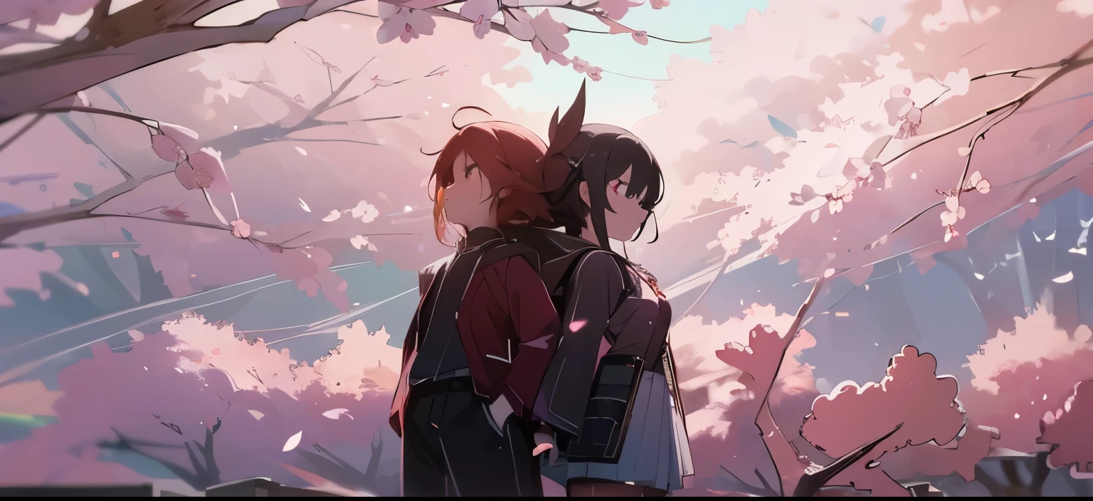 Create an anime illustration in ultra-high resolution (8K UHD) with stunning detail and vibrant colors. The focus of the illustration is on an anime boy and girl with highschool shirt, bloodshot eyes. The setting is under a picturesque cherry blossom tree during daylight. The cherry blossoms should be in full bloom, creating a beautiful yet eerie contrast with the girl's unsettling expression. The sky should feature fluffy clouds. The scene should take place in a serene and windy environment with sakura flower. The wind should gently rustle the girl's hair and the cherry blossoms, adding to the eerie atmosphere. The goal is to create a visually captivating and emotionally charged illustration that captures the essence of a character's obsession amidst the beauty of nature. Ensure that the image is vivid, high-res, and HD, emphasizing both the serene surroundings and the unsettling aura of the girl.