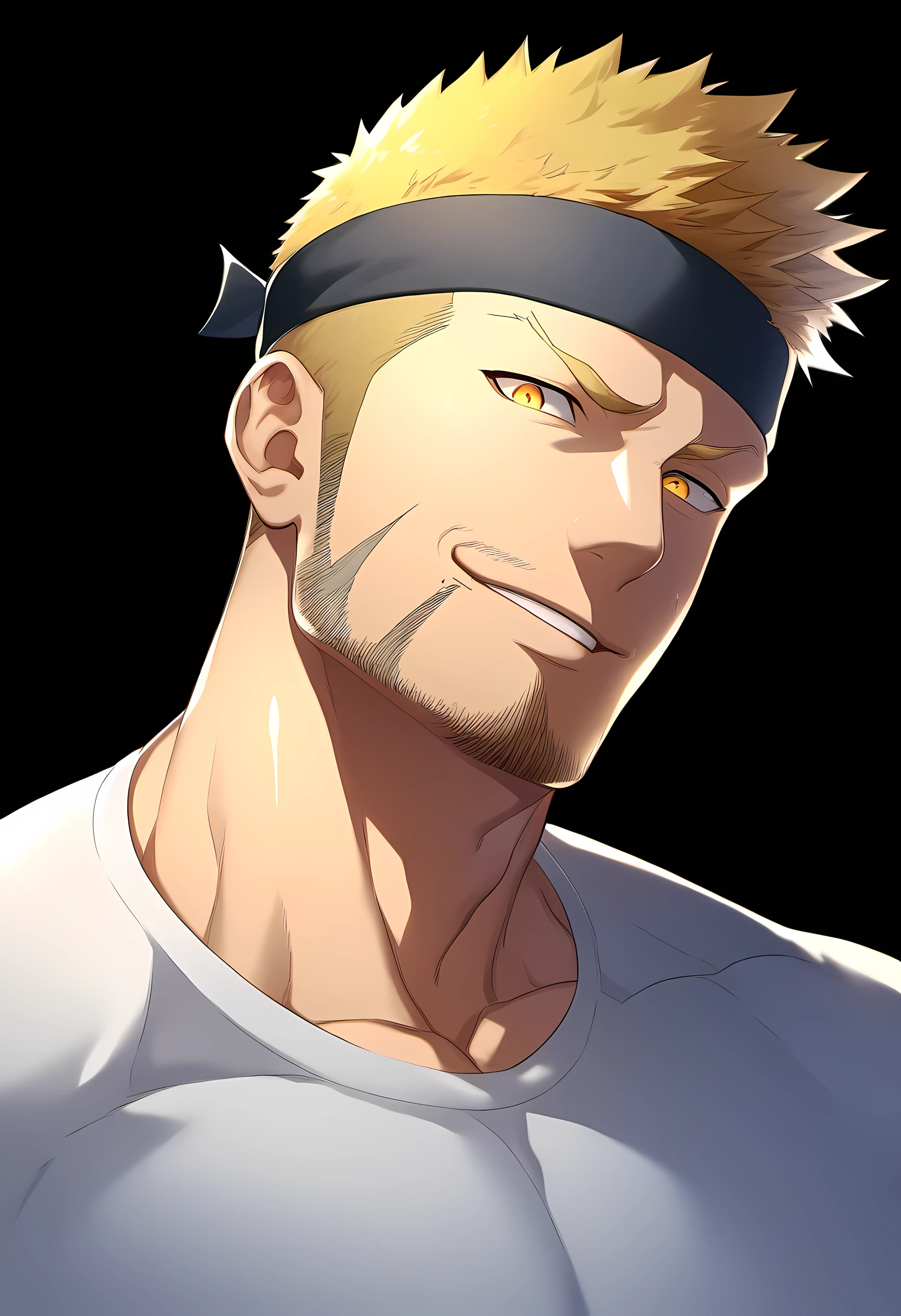 anime characters：Guy, Priapus, 1 young muscular man, male focus, Six pointed star tattoo on face, Sporty black headband, White spandex tight T-shirt, Milky white mucus at the corners of the mouth, muscular male, muscular, only, Upper body, alone, short yellow hair, stubble, yellow eyes, black background, simple background, amazing quality, best aesthetics, Ridiculous, bright pupils, short hair, naughty face, torogao, open lips, best quality