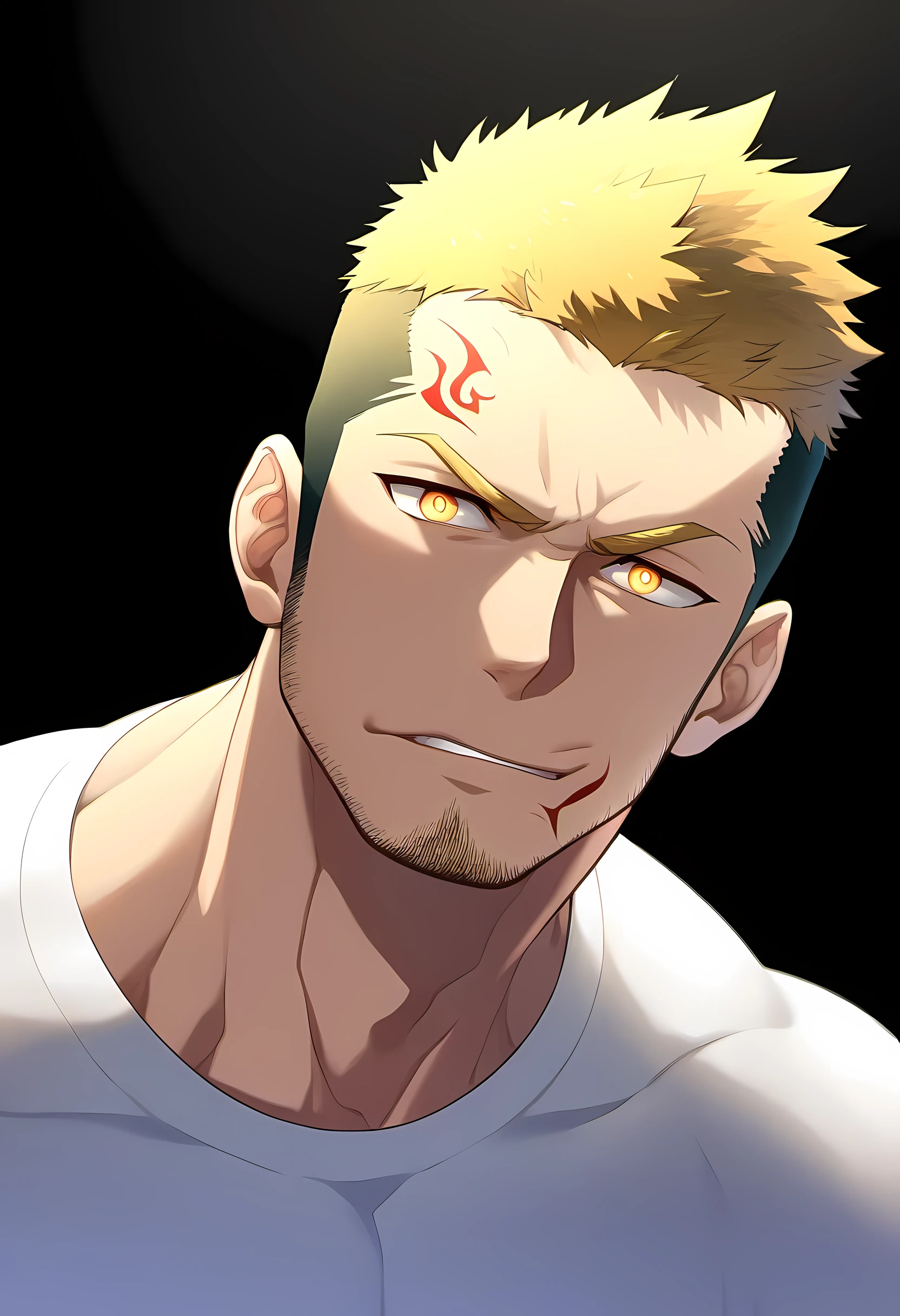 anime characters:Guy, Priapus, 1 young muscular man, male focus, Six pointed star tattoo on face, Sporty black headband, White spandex tight T-shirt, Milky white mucus at the corners of the mouth, muscular male, muscular, only, Upper body, alone, short yellow hair, stubble, yellow eyes, black background, simple background, amazing quality, best aesthetics, Ridiculous, bright pupils, short hair, naughty face, torogao, open lips, best quality