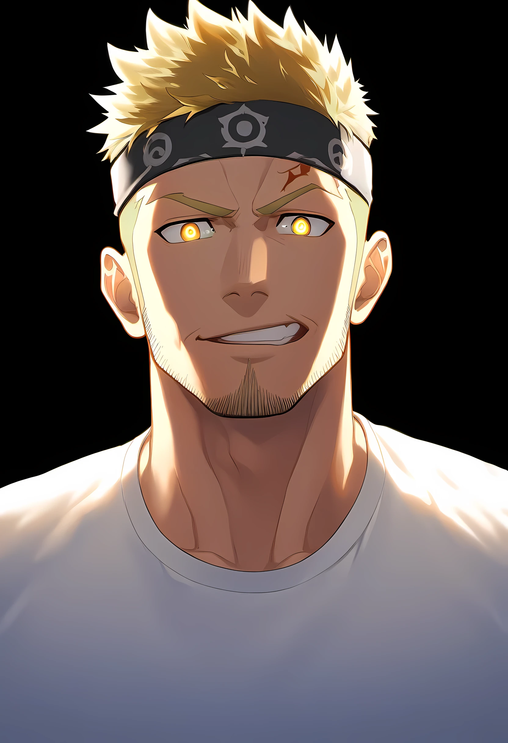 anime characters：Guy, Priapus, 1 young muscular man, male focus, Six pointed star tattoo on face, Sporty black headband, White spandex tight T-shirt, Milky white mucus at the corners of the mouth, muscular male, muscular, only, Upper body, alone, short yellow hair, stubble, yellow eyes, black background, simple background, amazing quality, best aesthetics, Ridiculous, bright pupils, short hair, naughty face, torogao, open lips, best quality