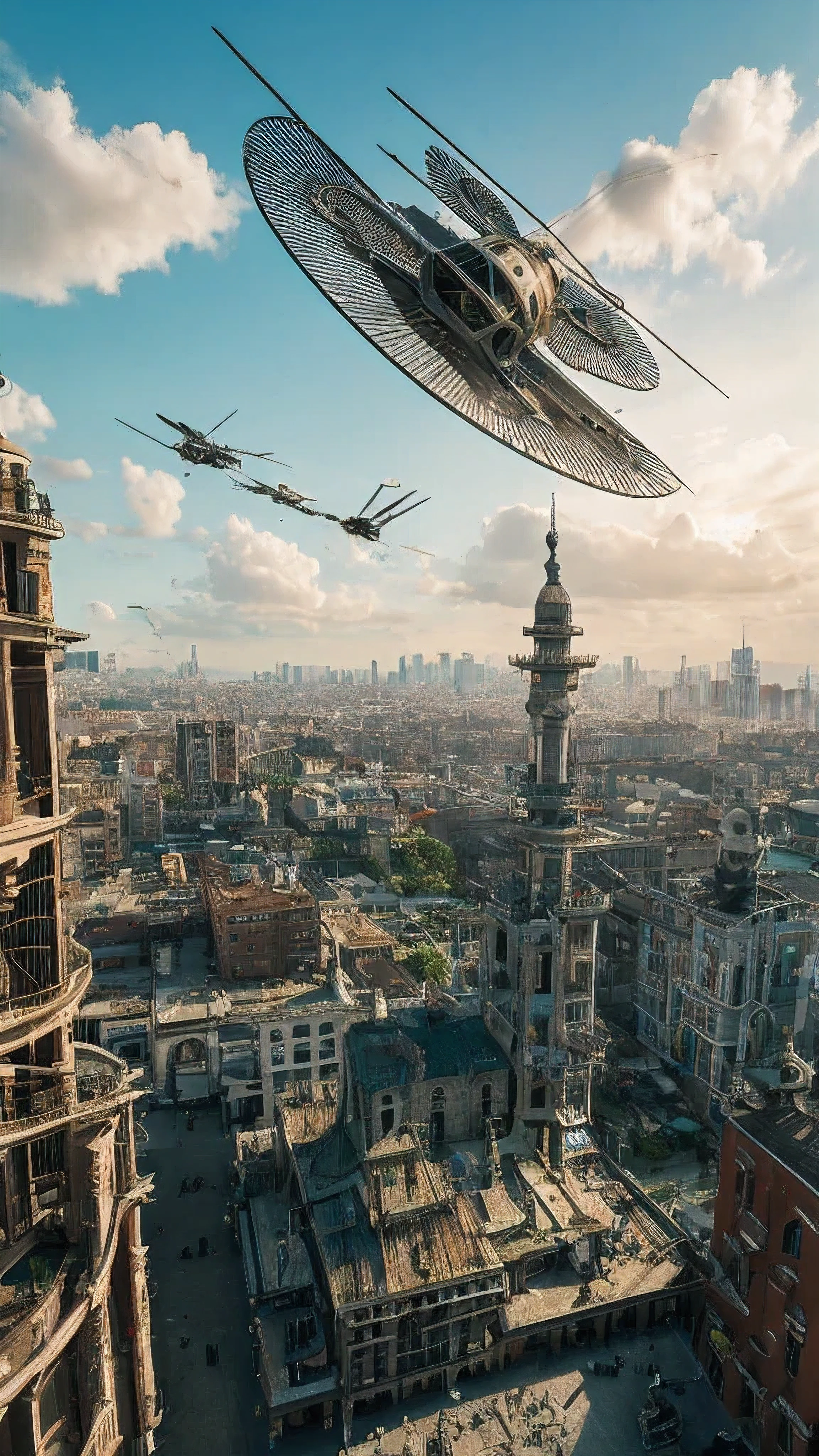 Super detail, High detail, high quality, 8K, Miyazaki style, a steampunk city, soaring in the sky, clouds & Diverse architecture, exuding mystery and technology --v 6