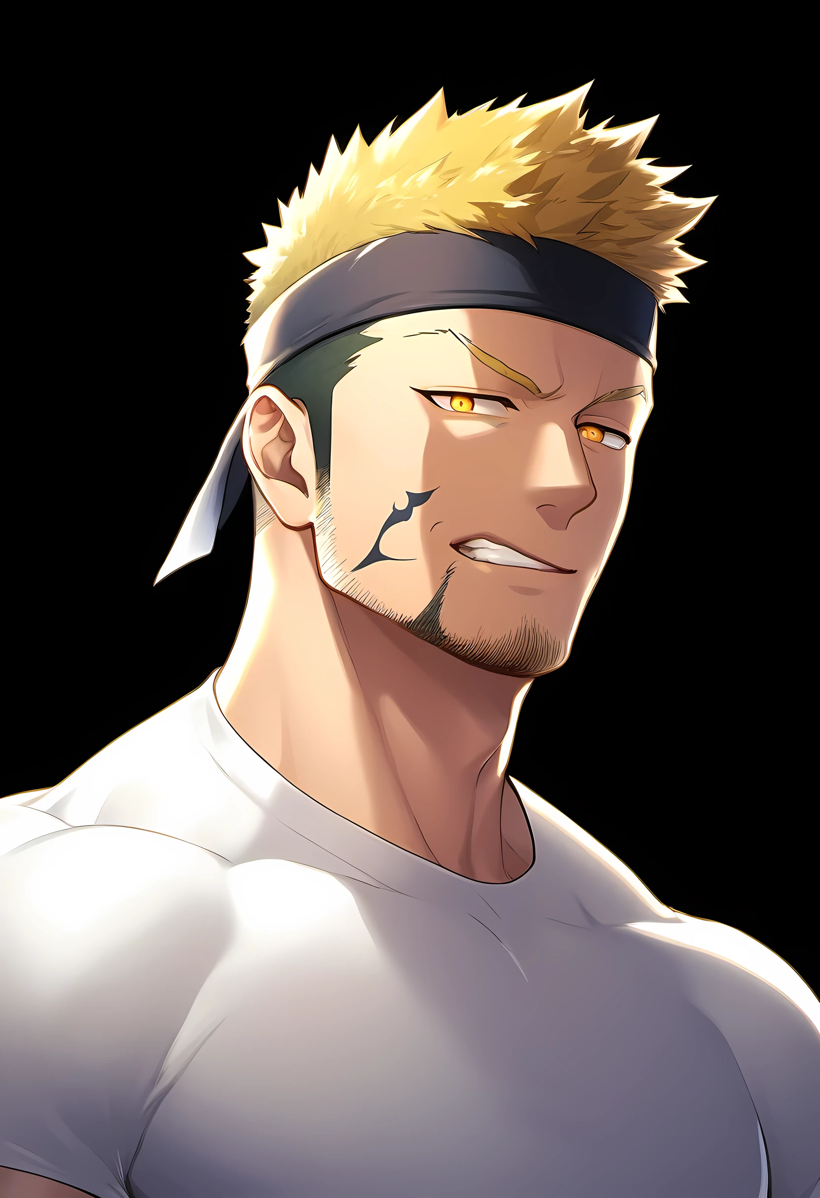 anime characters：Guy, Priapus, 1 young muscular man, male focus, Six pointed star tattoo on face, Sporty black headband, White spandex tight T-shirt, Milky white mucus at the corners of the mouth, muscular male, muscular, only, Upper body, alone, short yellow hair, stubble, yellow eyes, black background, simple background, amazing quality, best aesthetics, Ridiculous, bright pupils, short hair, naughty face, torogao, open lips, best quality