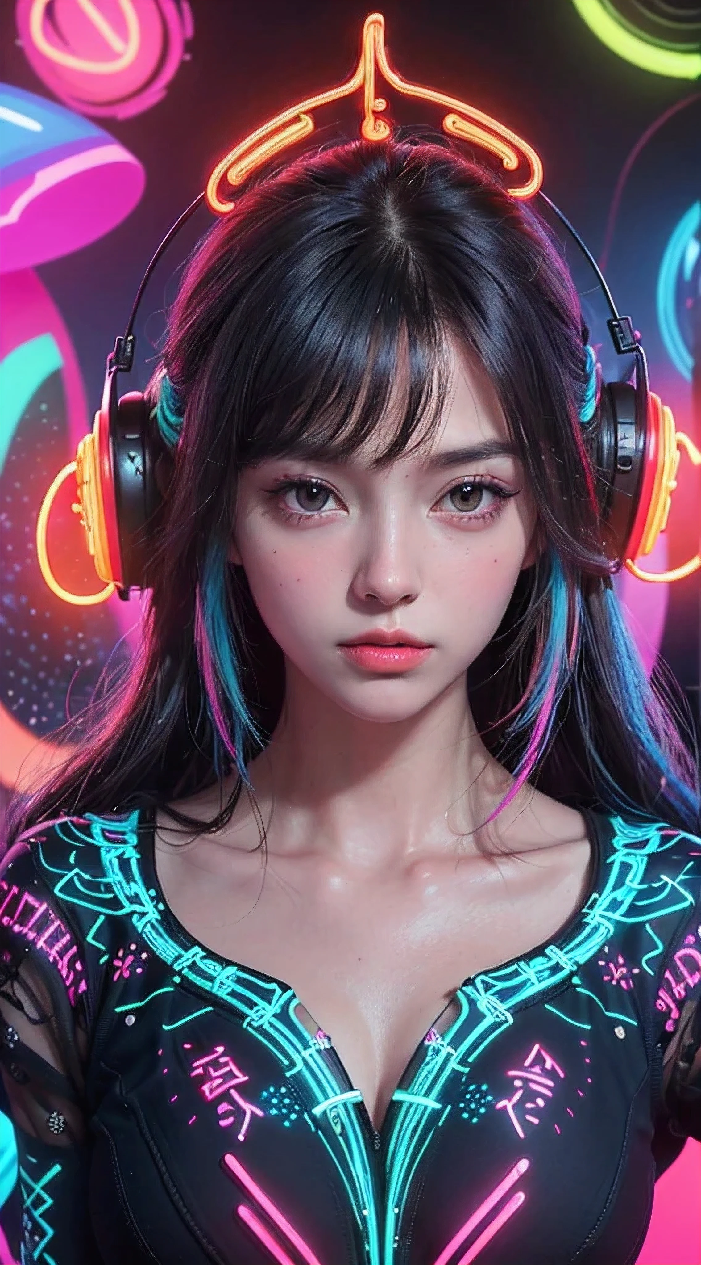 (masutepiece, of the highest quality, Best Quality, Official art, Beautiful and aesthetic:1.2), (1girl in:1.3), Extremely detailed,(Fractal Art:1.2),Colorful,highest details,( Zentangle Neon:1.2), (Dynamic Pose), (Abstract background neon:1.5), (Congressional Dresses:1.2), (Shiny skin), (Many colors:1.4), Upper body ,neons,16 K,Full-HD