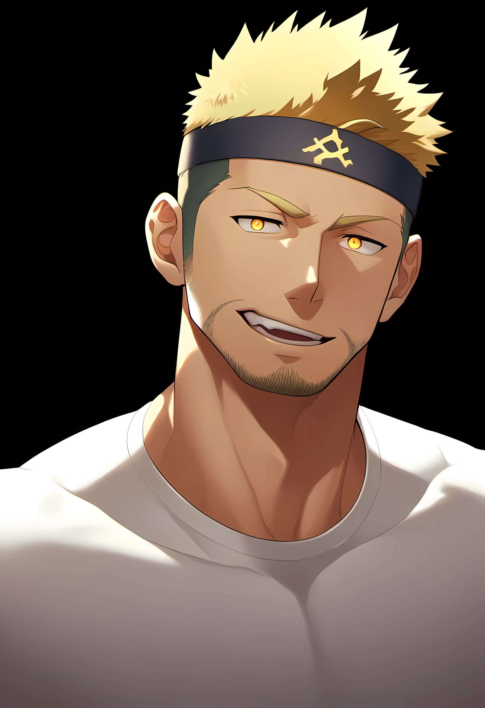 anime characters：Guy, Priapus, 1 young muscular man, male focus, Six pointed star tattoo on face, Sporty black headband, White spandex tight T-shirt, Milky white mucus at the corners of the mouth, muscular male, muscular, only, Upper body, alone, short yellow hair, stubble, yellow eyes, black background, simple background, amazing quality, best aesthetics, Ridiculous, bright pupils, short hair, naughty face, torogao, open lips, best quality