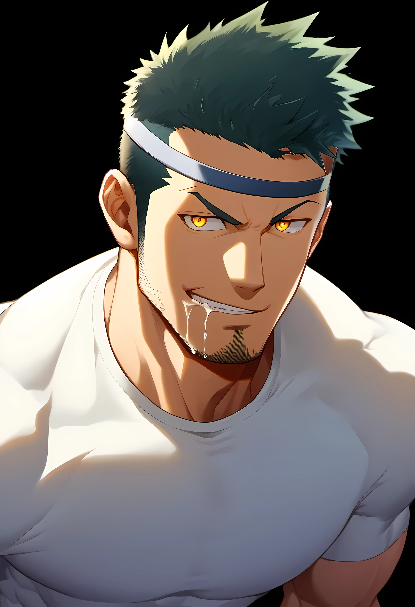 anime characters：Guy, Priapus, 1 young muscular man, male focus, Six pointed star tattoo on face, Sporty black headband, White spandex tight T-shirt, Milky white mucus at the corners of the mouth, muscular male, muscular, only, Upper body, alone, short yellow hair, stubble, yellow eyes, black background, simple background, amazing quality, best aesthetics, Ridiculous, bright pupils, short hair, naughty face, torogao, open lips, best quality