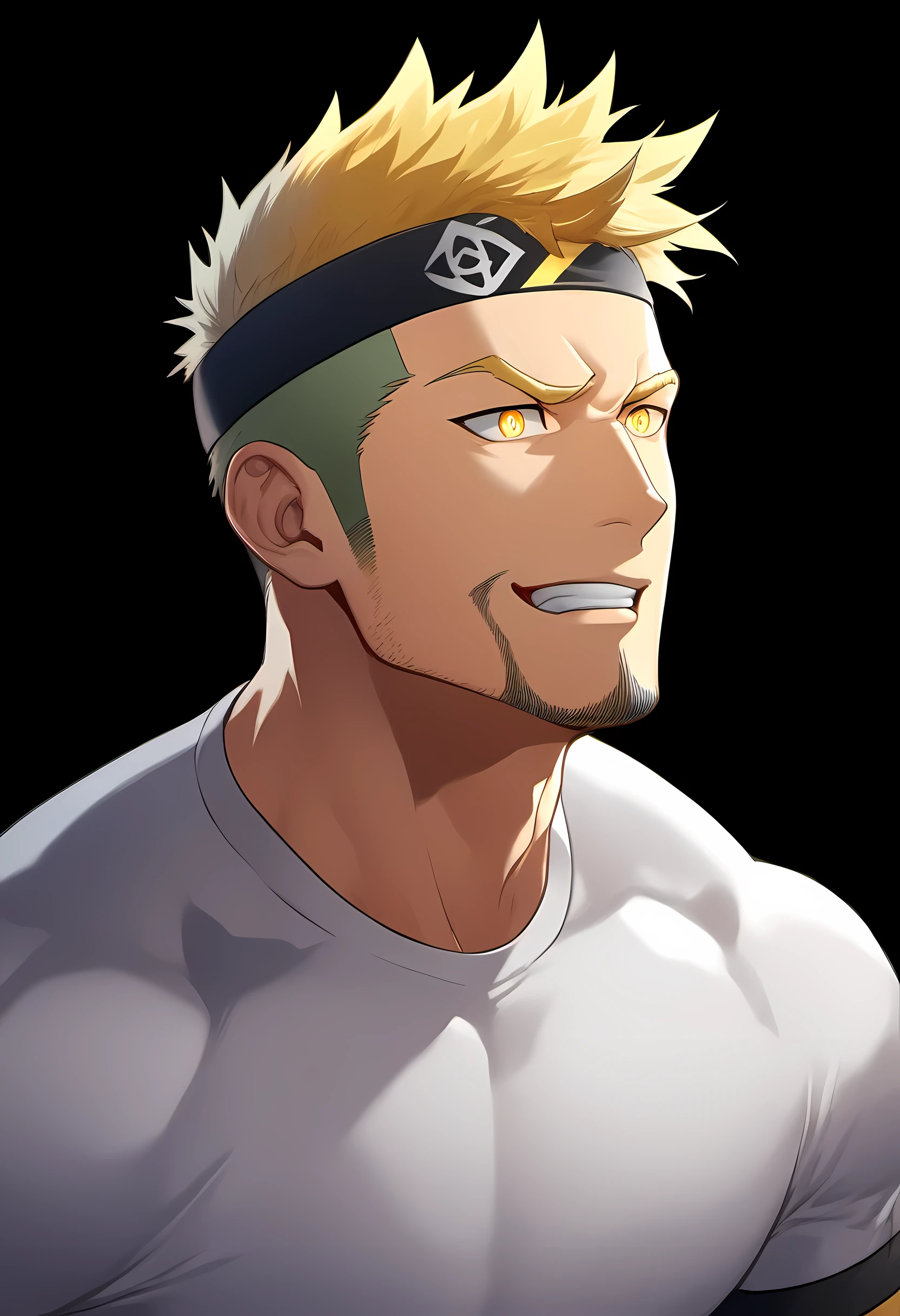 anime characters:Guy, Priapus, ung muscular man, male focus, Six pointed star tattoo on face, Sporty black headband, White spandex tight T-shirt, Milky white mucus at the corners of the mouth, muscular male, muscular, only, Upper body, alone, short yellow hair, stubble, yellow eyes, black background, simple background, amazing quality, best aesthetics, Ridiculous, bright pupils, short hair, naughty face, torogao, open lips, best quality