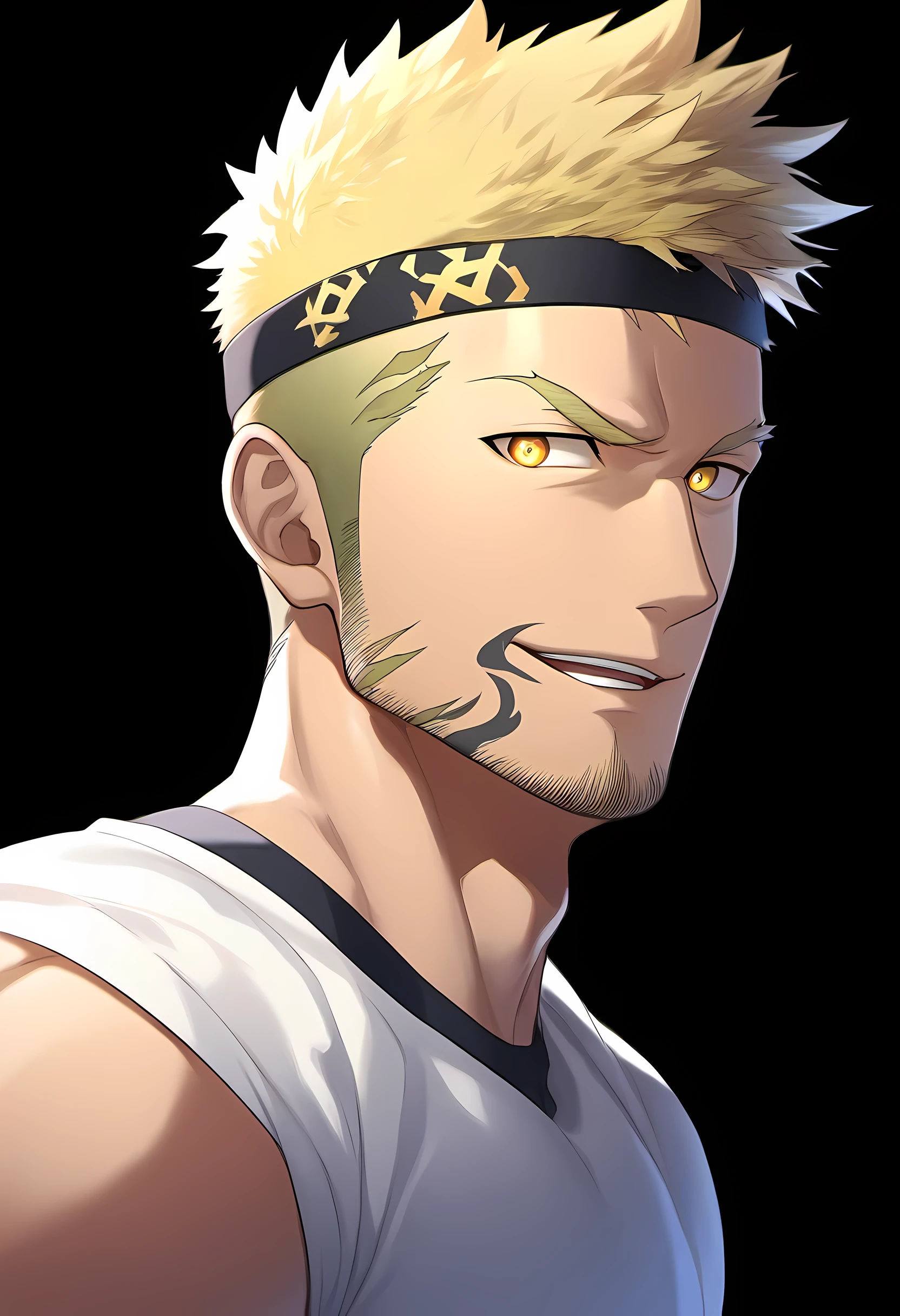 anime characters:Guy, Priapus, ung muscular man, male focus, Six pointed star tattoo on face, Sporty black headband, White spandex tight T-shirt, Milky white mucus at the corners of the mouth, muscular male, muscular, only, Upper body, alone, short yellow hair, stubble, yellow eyes, black background, simple background, amazing quality, best aesthetics, Ridiculous, bright pupils, short hair, naughty face, torogao, open lips, best quality